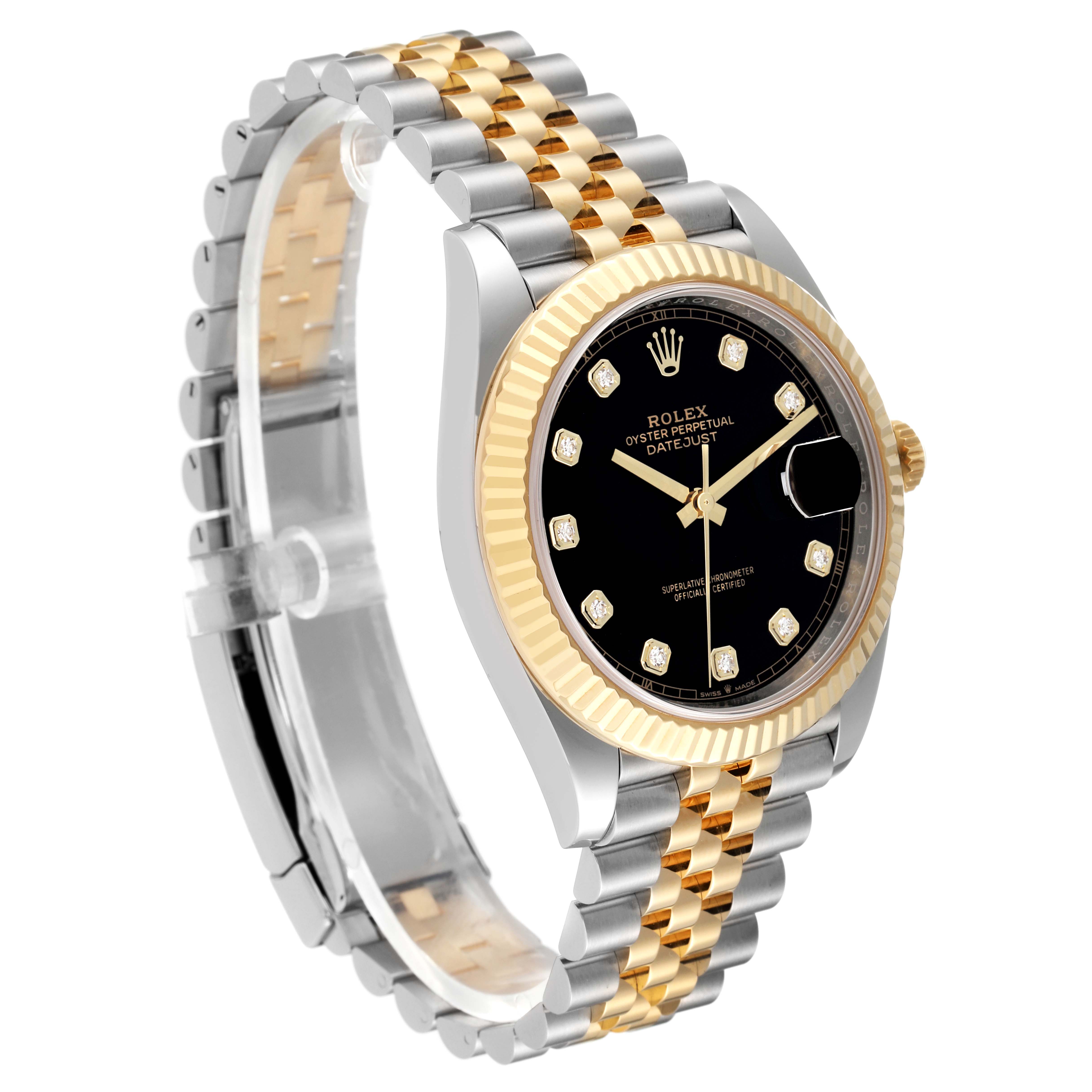 The Rolex Datejust 41 126333 Men's Steel and Gold (two tone) Black Dial 126333 Men's Steel and Gold (two tone) Black Dial model is shown at a three-quarter angle, highlighting its black dial, two-tone bracelet, and fluted gold bezel.