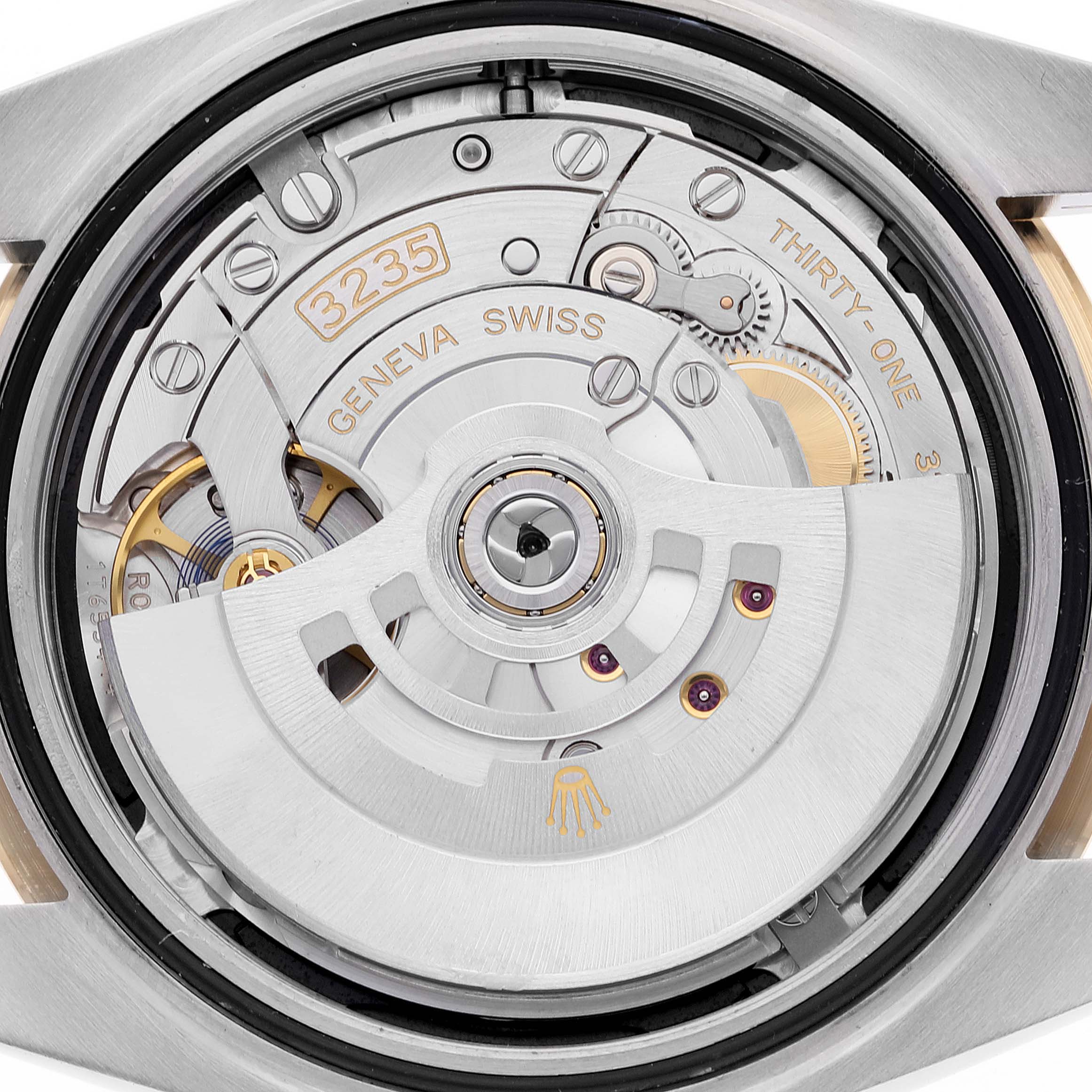 This image shows the movement mechanism of the Rolex Datejust 41 126333 Men's Steel and Gold (two tone) Black Dial 126333 Men's Steel and Gold (two tone) Black Dial model from a rear angle.