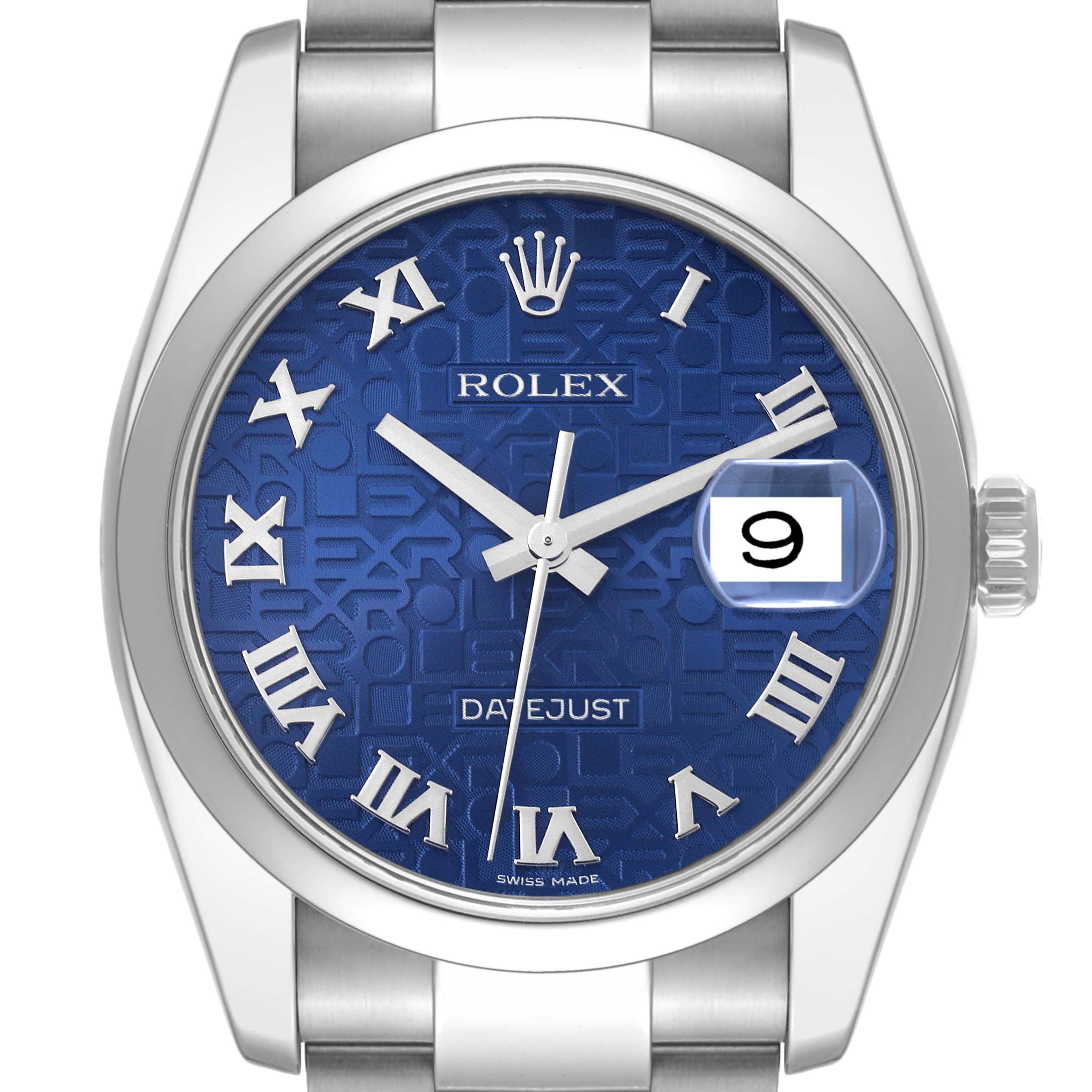 The image shows a frontal view of a Rolex Datejust 116200 Men's Stainless Steel Blue Dial 116200 Men's Stainless Steel Blue Dial watch face with blue dial and date display.