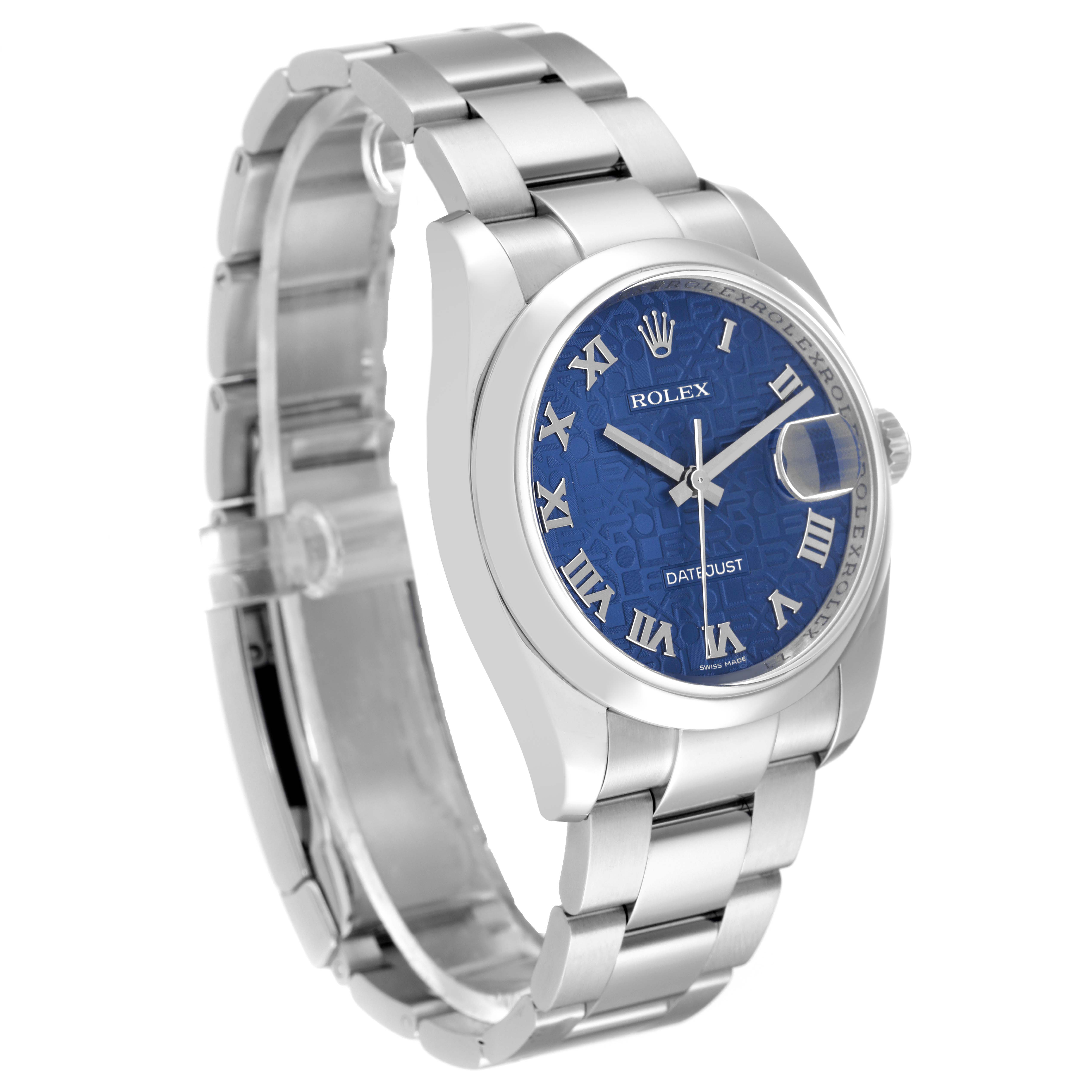 The image shows a Rolex Datejust 116200 Men's Stainless Steel Blue Dial 116200 Men's Stainless Steel Blue Dial watch with a blue dial and Roman numeral indices, viewed from a front-left angle.