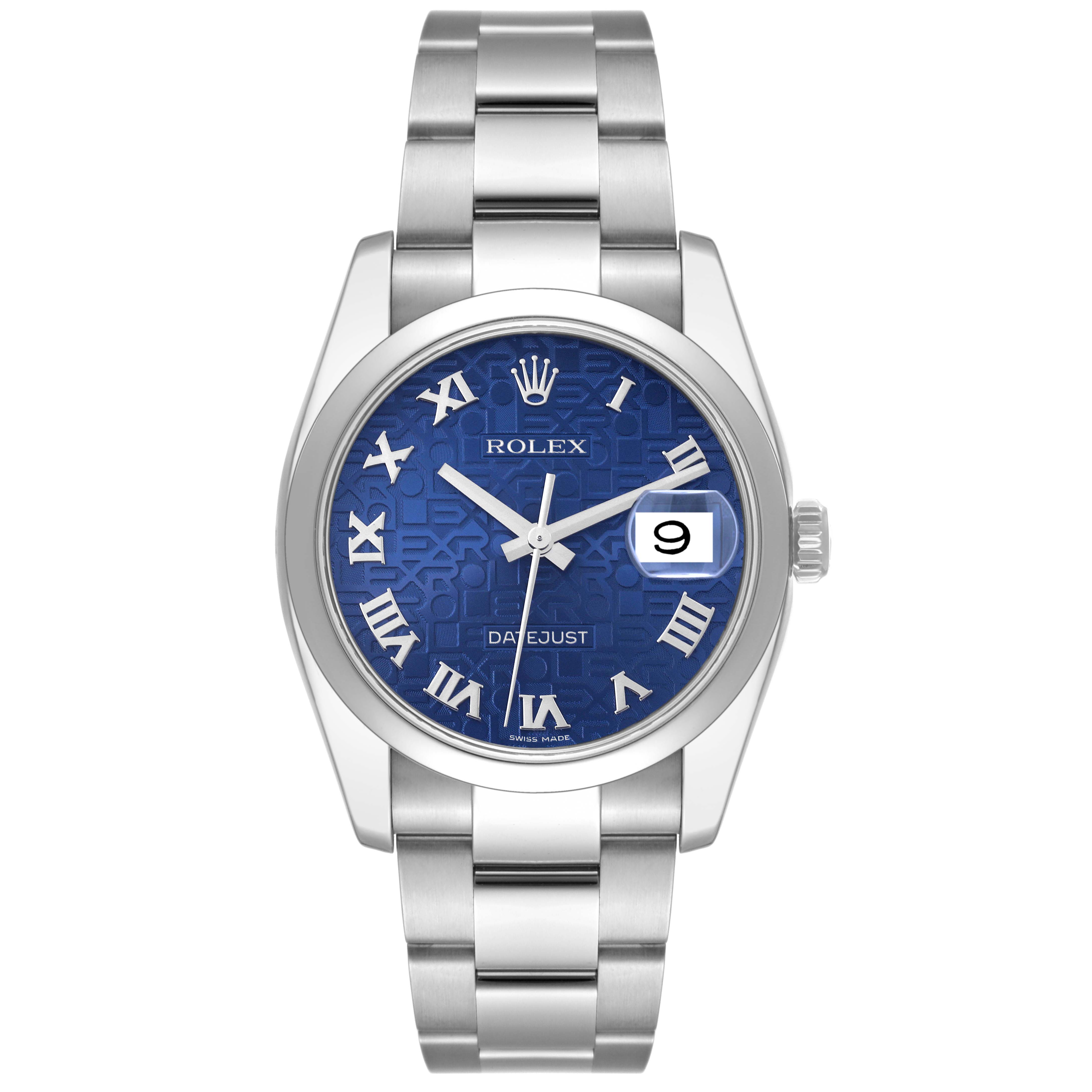 The Rolex Datejust 116200 Men's Stainless Steel Blue Dial 116200 Men's Stainless Steel Blue Dial watch is shown from the front, displaying its blue dial, Roman numerals, and bracelet.