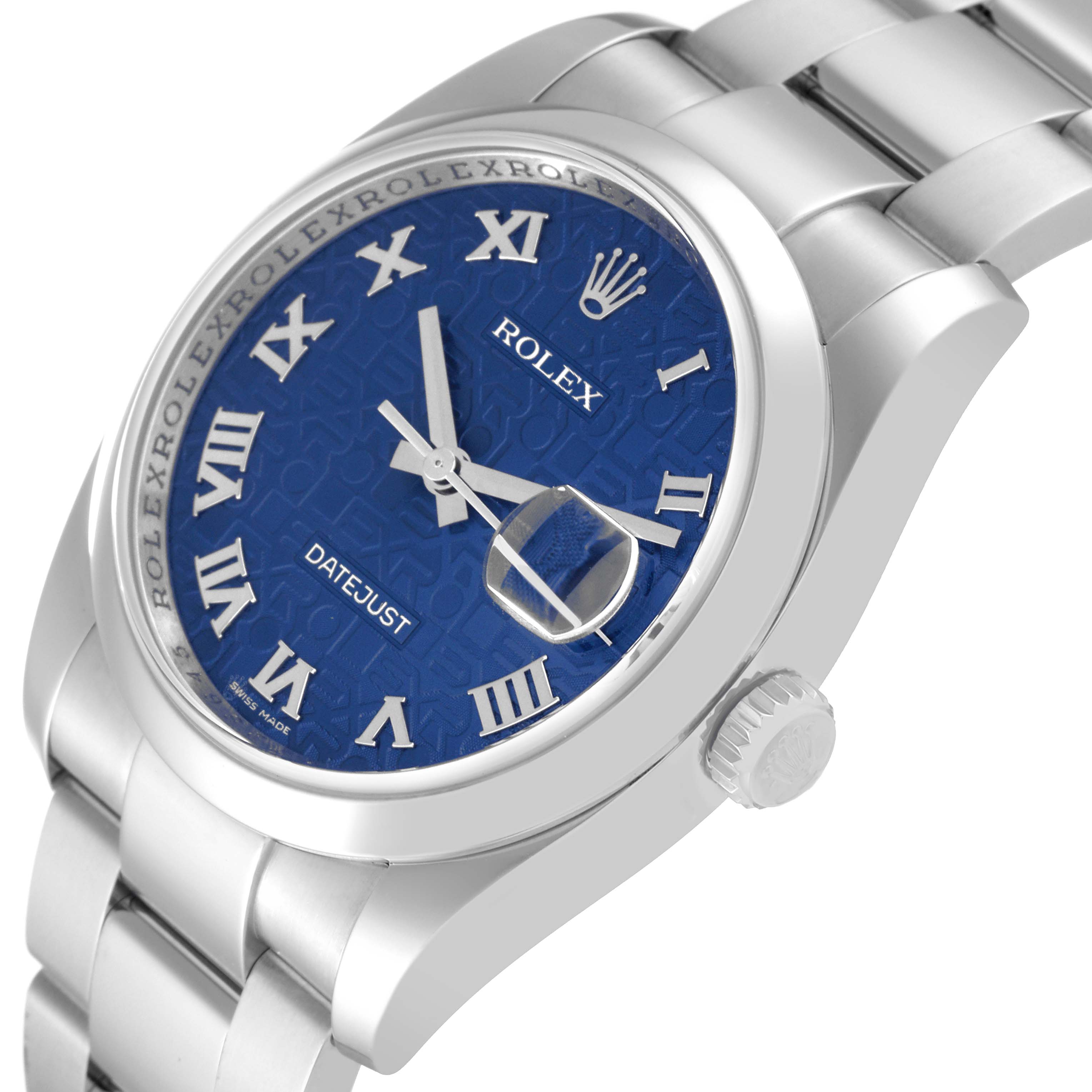 This image shows a close-up angled view of the Rolex Datejust 116200 Men's Stainless Steel Blue Dial 116200 Men's Stainless Steel Blue Dial watch, featuring its blue Roman numeral dial, crown, and part of the bracelet.
