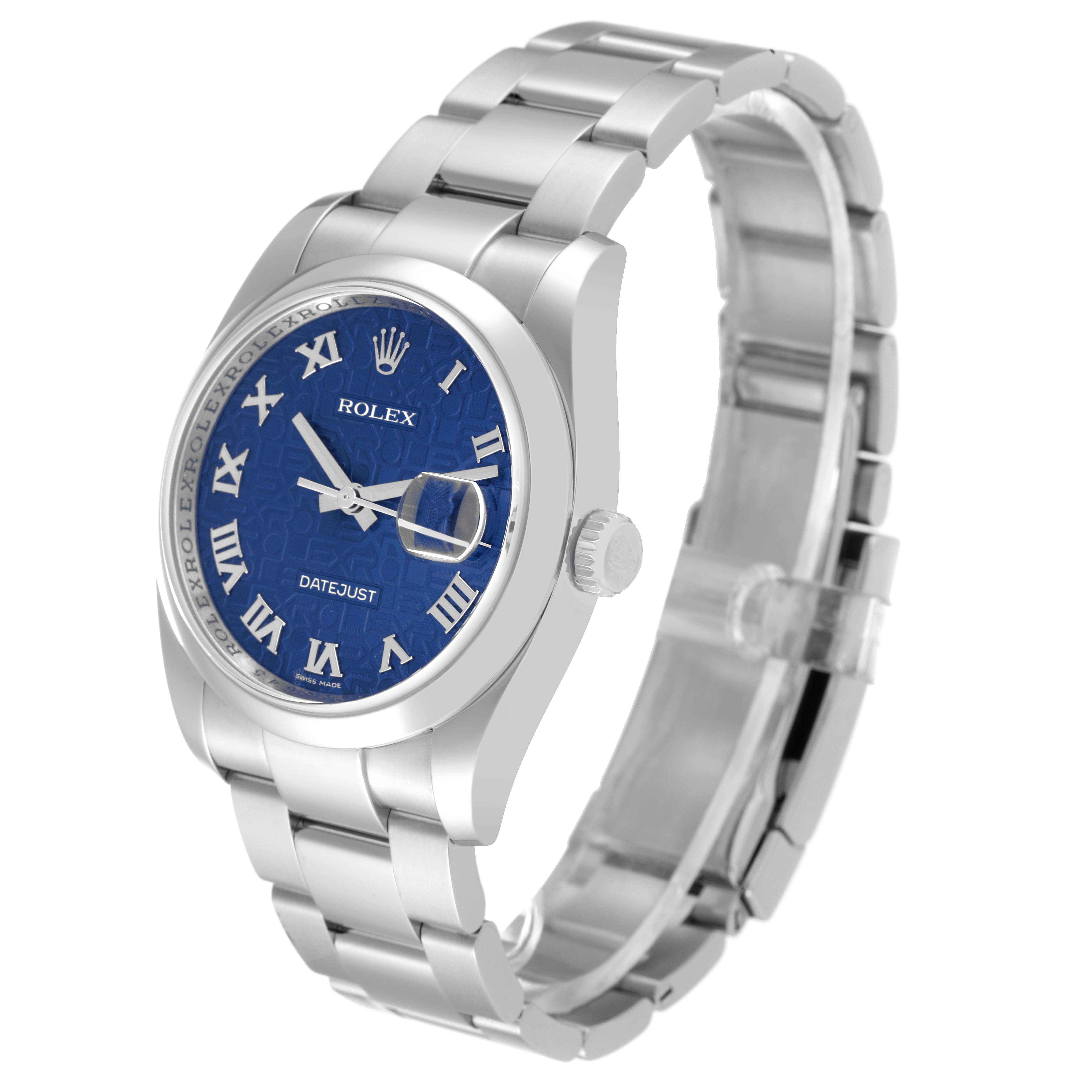 This image shows a Rolex Datejust 116200 Men's Stainless Steel Blue Dial 116200 Men's Stainless Steel Blue Dial watch from a three-quarter angle, highlighting the bracelet, blue dial, and side profile.