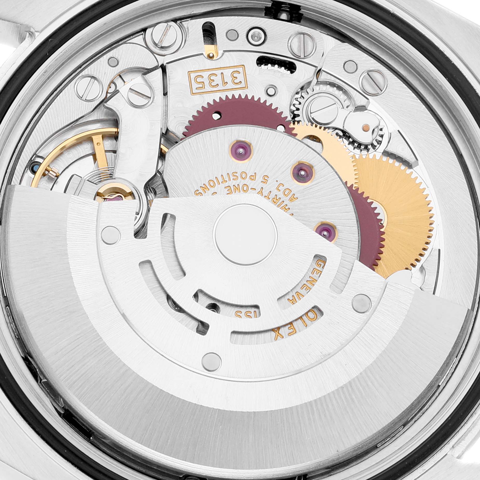 This image shows a close-up view of the movement mechanism of the Rolex Datejust 116200 Men's Stainless Steel Blue Dial 116200 Men's Stainless Steel Blue Dial watch.