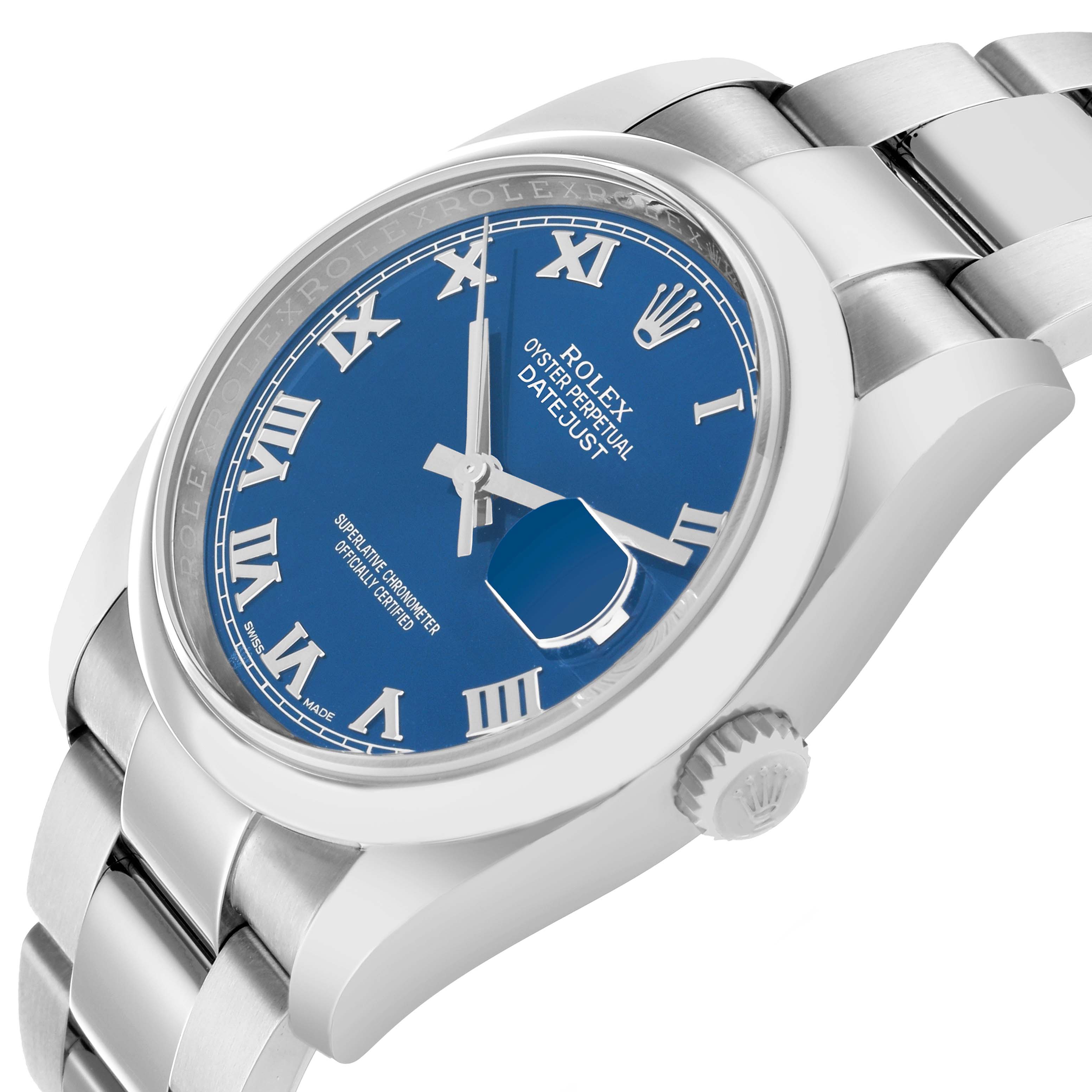 The Rolex Datejust 116200 Men
s Stainless Steel Blue Dial watch is shown at an angled view highlighting the dial, bezel, crown, and part of the bracelet.