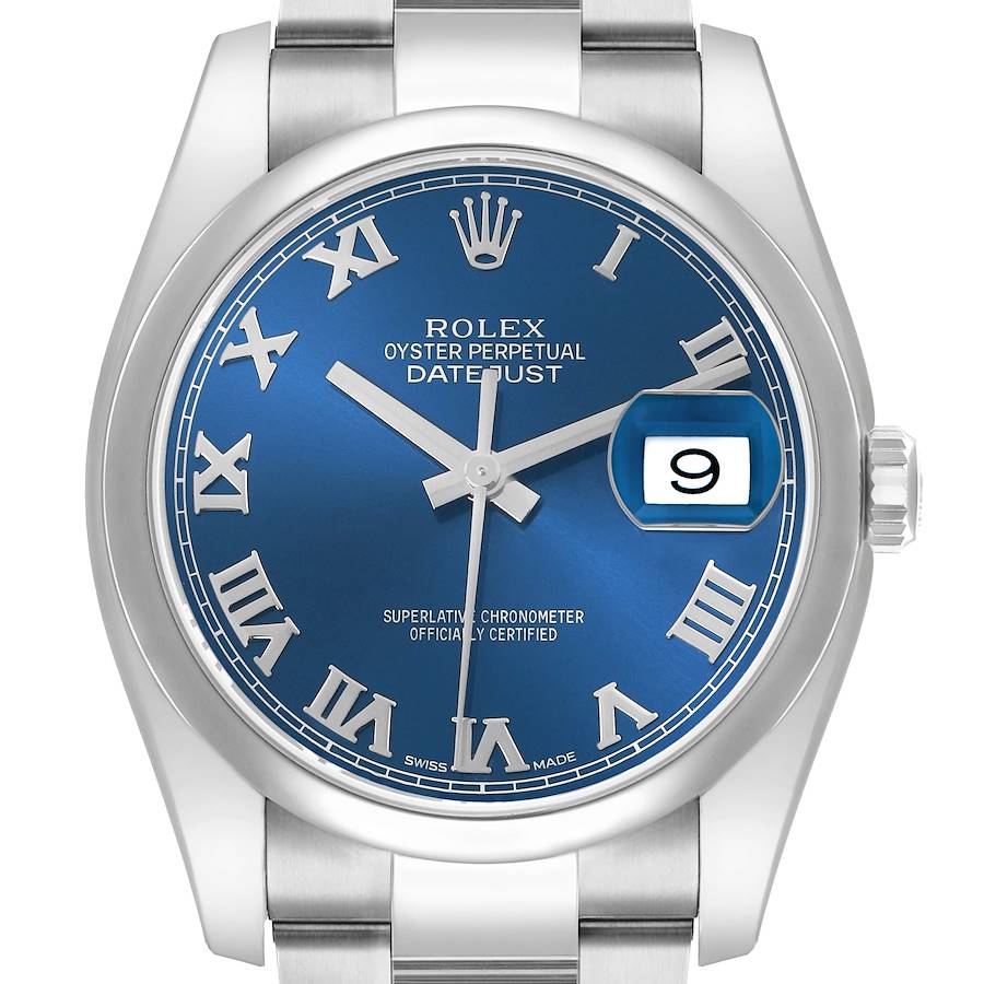 The Rolex Datejust 116200 Men's Stainless Steel Blue Dial watch is shown from a front angle, highlighting the blue dial, Roman numerals, and the date window.