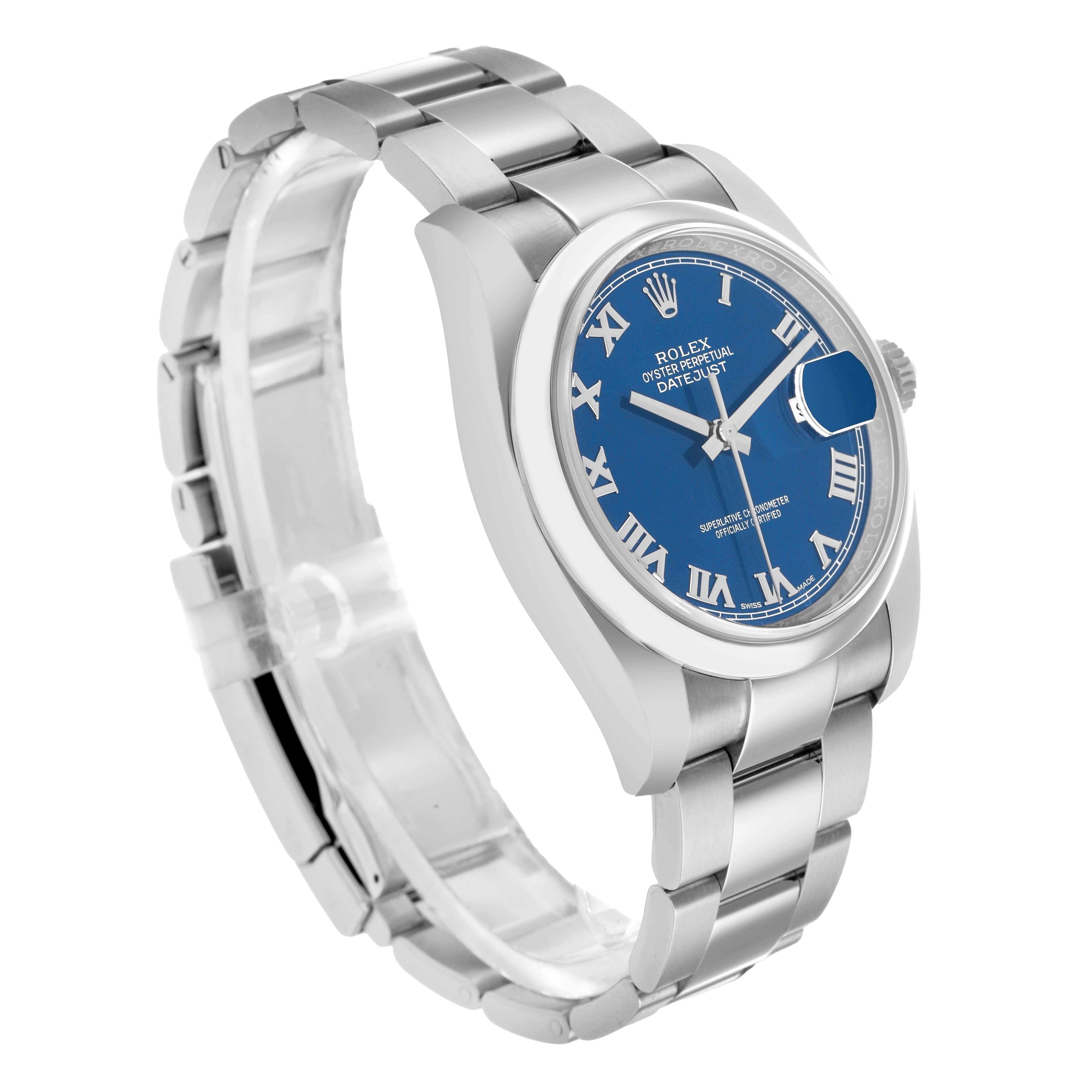 The image shows a Rolex Datejust 116200 Men
s Stainless Steel Blue Dial watch at a three-quarter angle, highlighting the blue dial, bracelet, and side profile.
