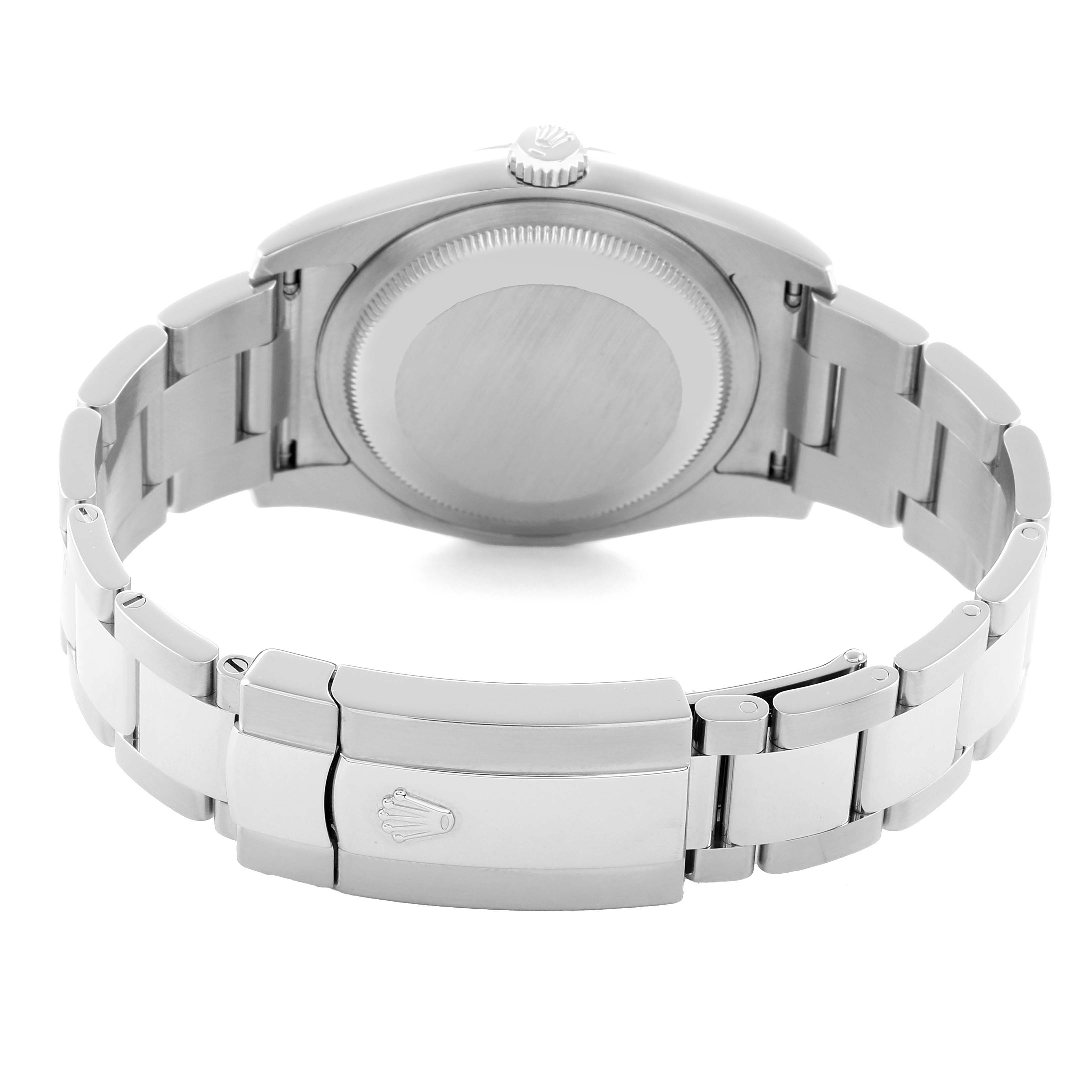 The image shows the back of a Rolex Datejust 116200 Men
s Stainless Steel Blue Dial watch, highlighting the clasp and bracelet links.