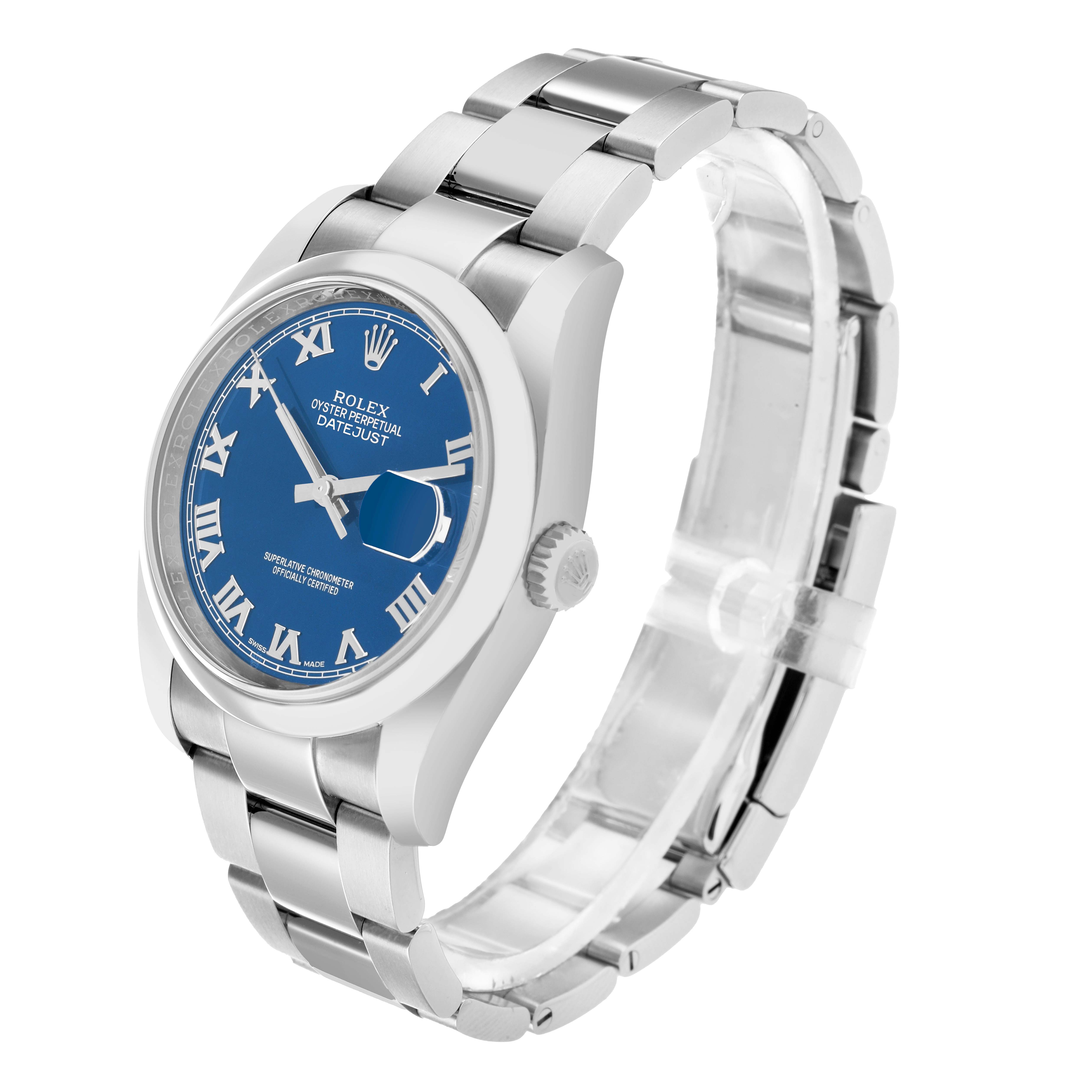 The Rolex Datejust 116200 Men
s Stainless Steel Blue Dial is shown at a three-quarter angle, displaying the dial, bezel, case, bracelet, and crown.