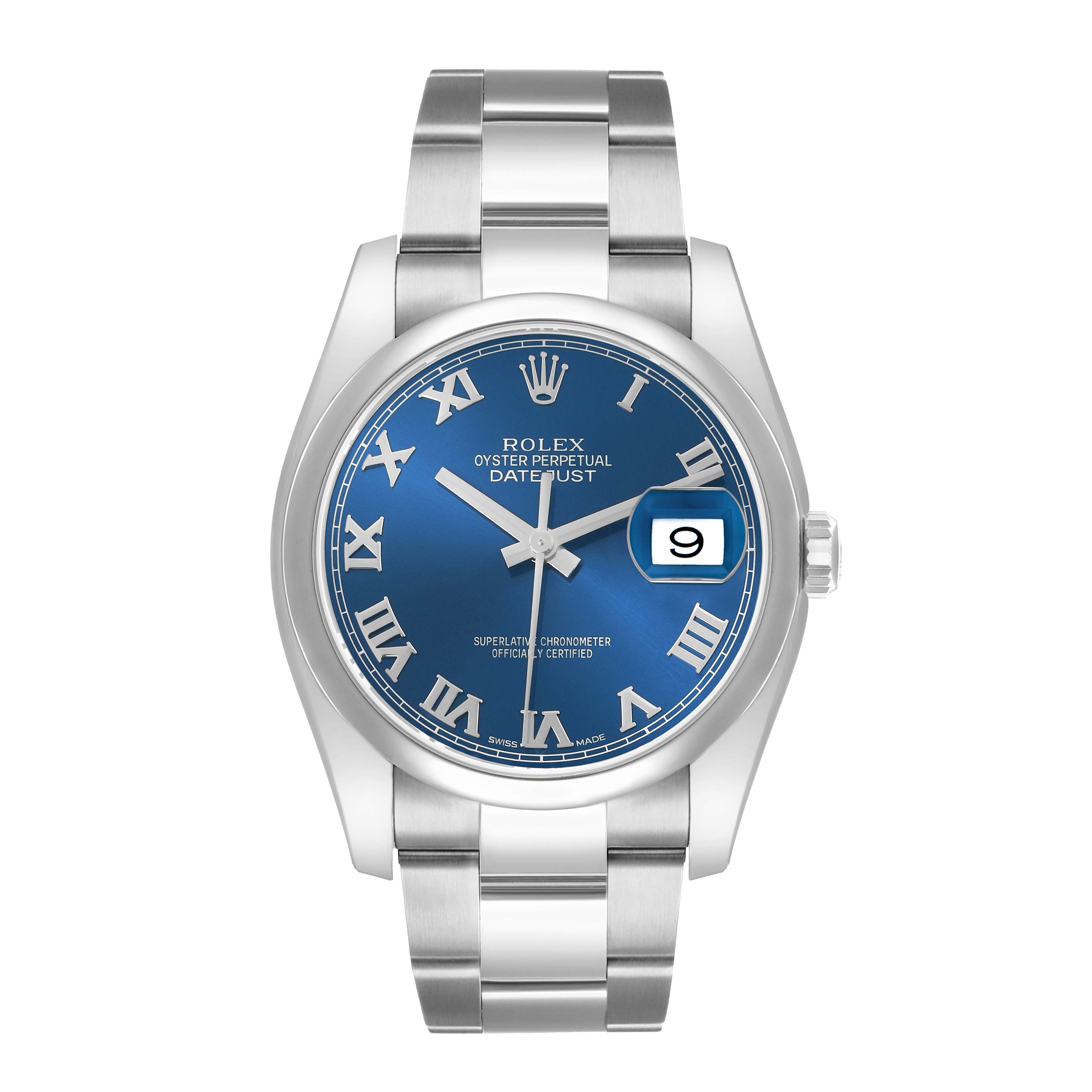 The Rolex Datejust 116200 Men
s Stainless Steel Blue Dial watch is shown from a straight-on angle, highlighting the blue dial, Roman numerals, and date window.