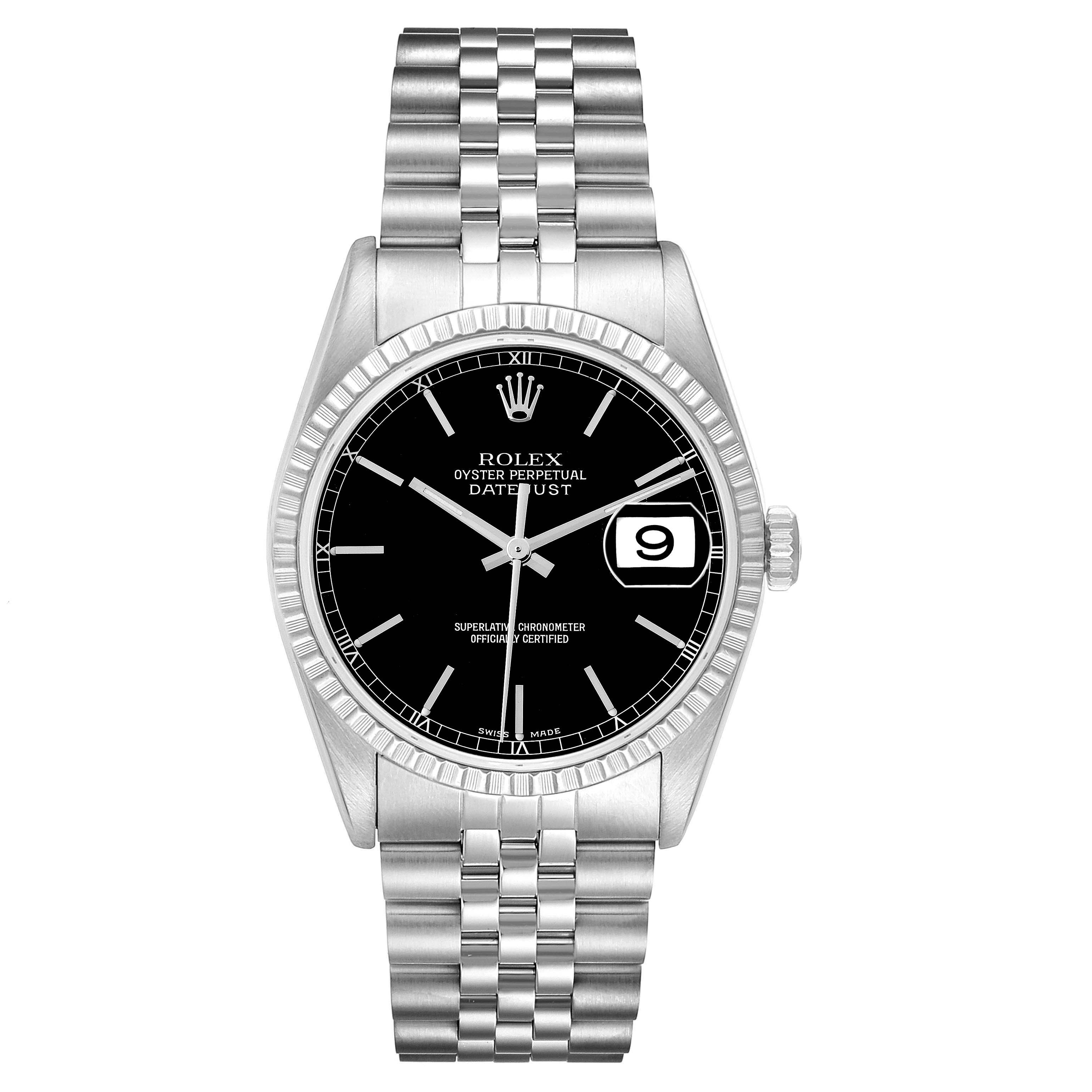 The Rolex Datejust 16220 Men
s Stainless Steel Black Dial watch is shown from a top-down angle, displaying the dial, bezel, bracelet, and date window.