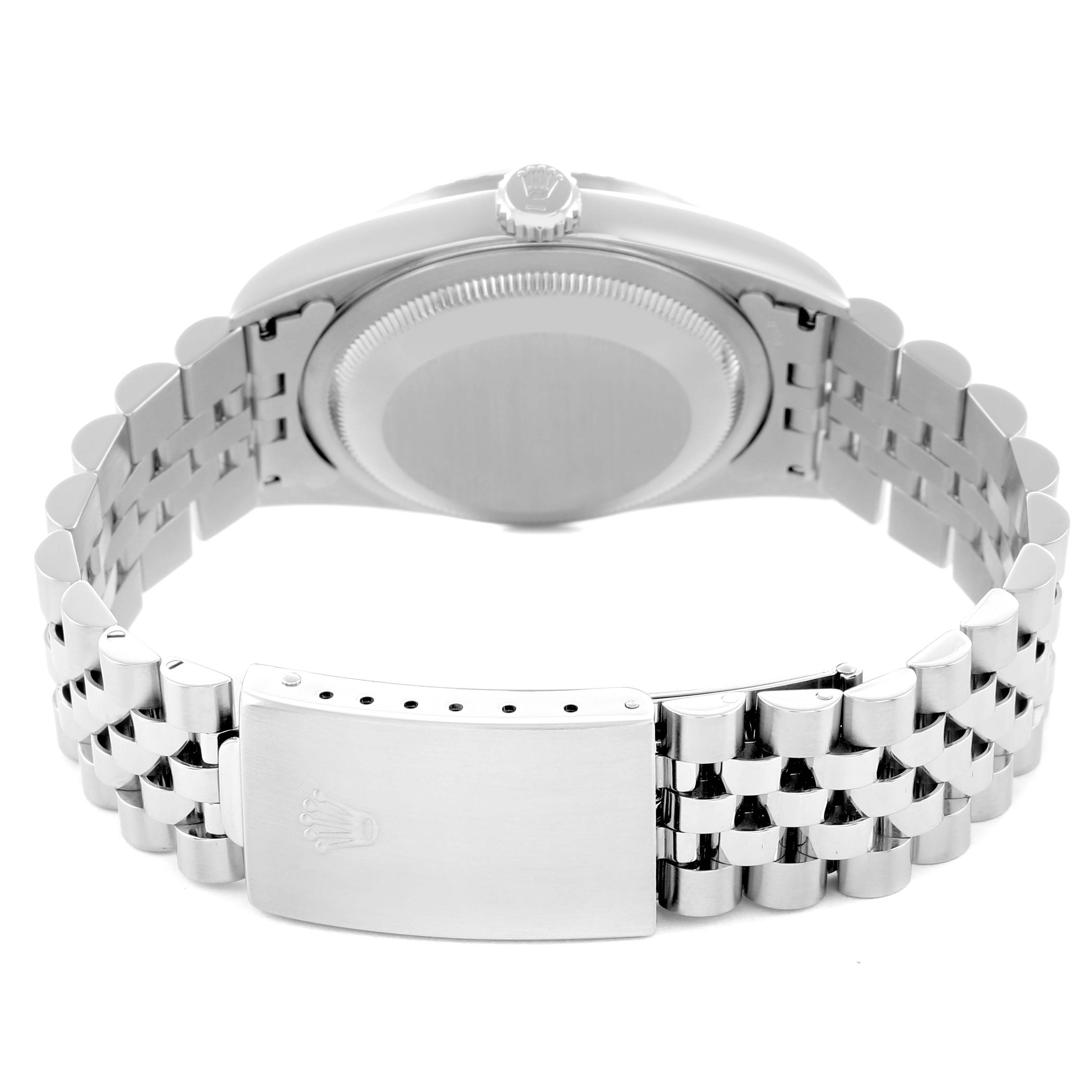 The image shows the back of a Rolex Datejust 16220 Men
s Stainless Steel Black Dial watch, highlighting the case back, jubilee bracelet, and clasp.