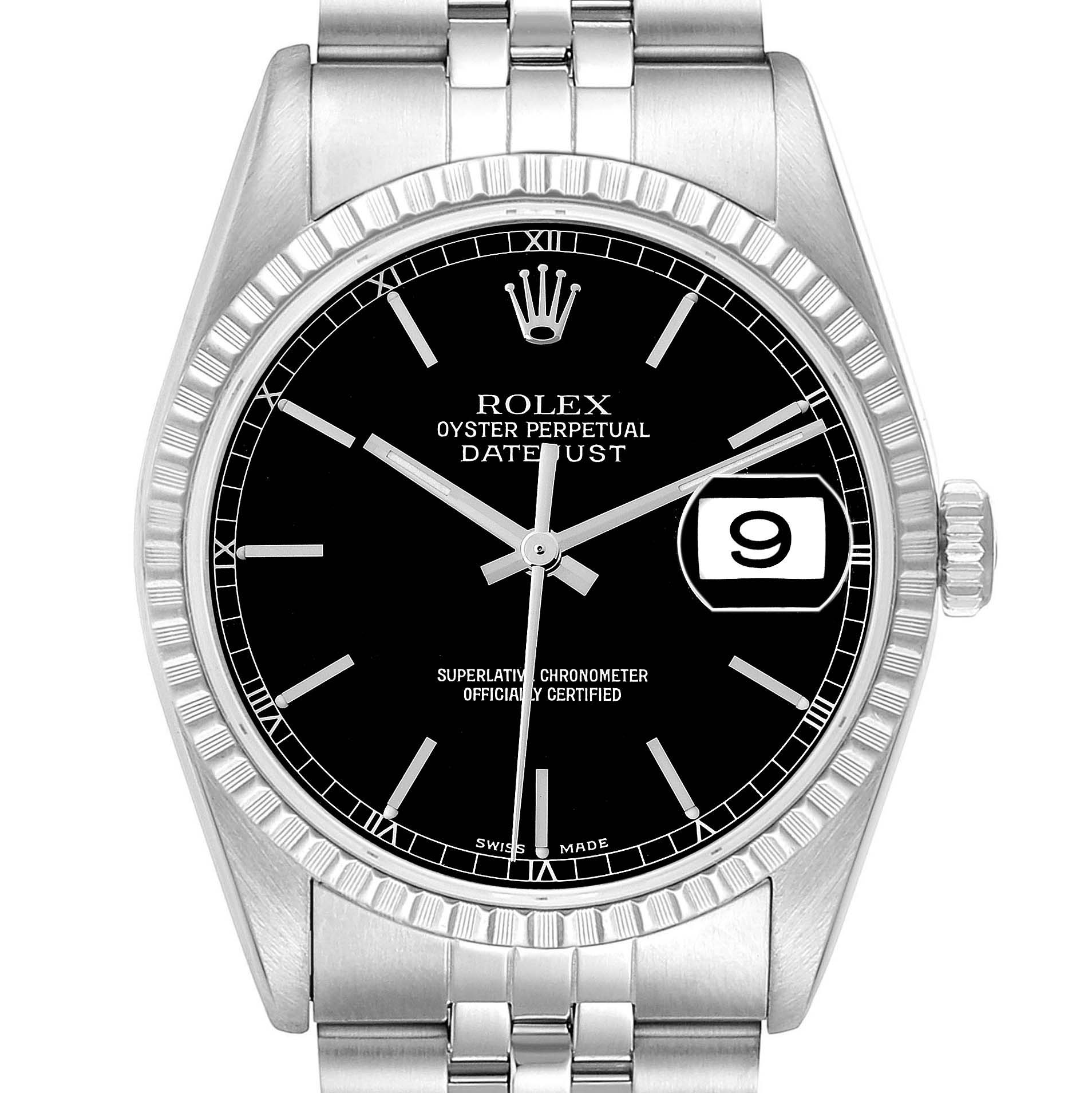 The Rolex Datejust 16220 Men
s Stainless Steel Black Dial watch is shown from a front view, displaying its black dial, fluted bezel, crown, and part of the bracelet.