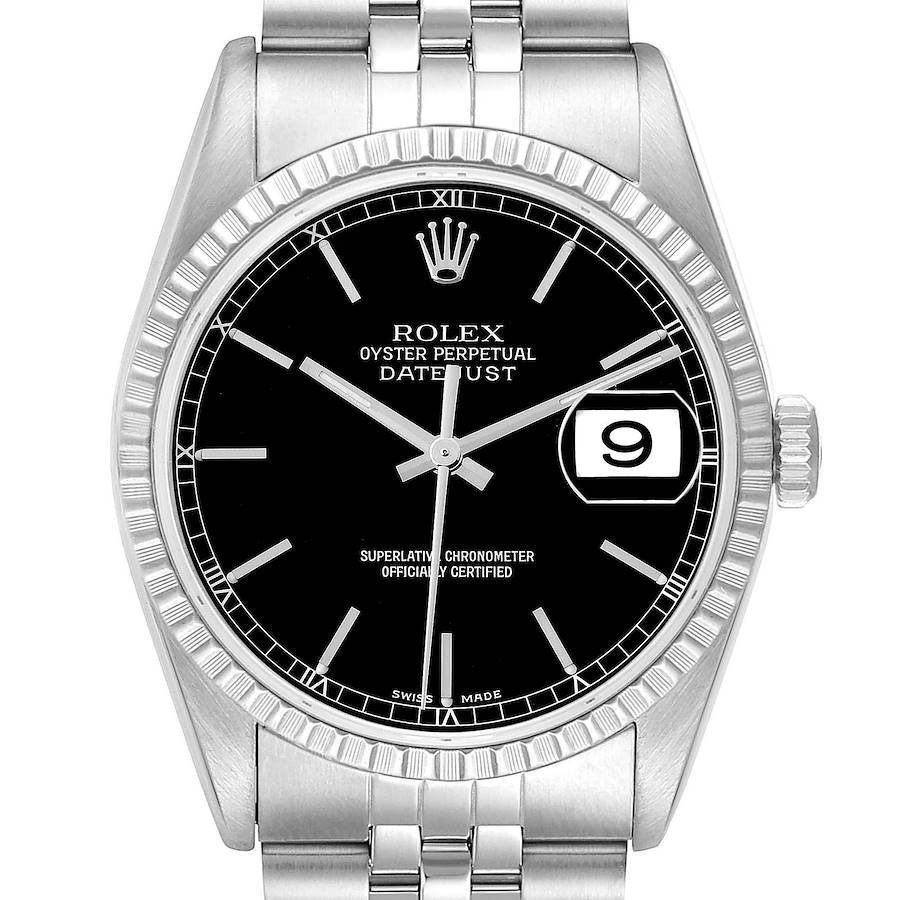 The Rolex Datejust 16220 Men's Stainless Steel Black Dial watch is shown from a front view, displaying its black dial, fluted bezel, crown, and part of the bracelet.