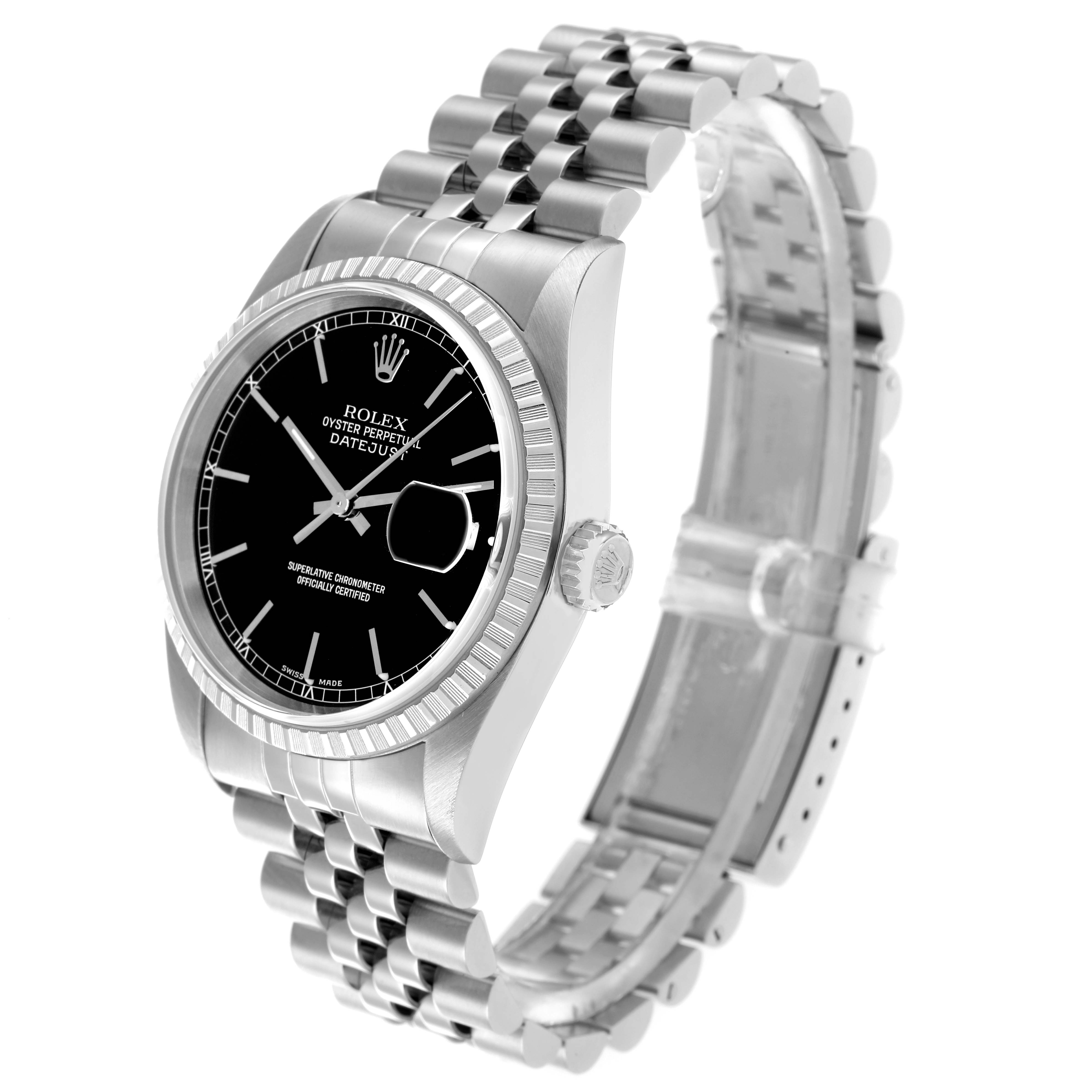 The Rolex Datejust 16220 Men
s Stainless Steel Black Dial watch is shown from a three-quarter angle, highlighting the face, bezel, crown, and Jubilee bracelet.