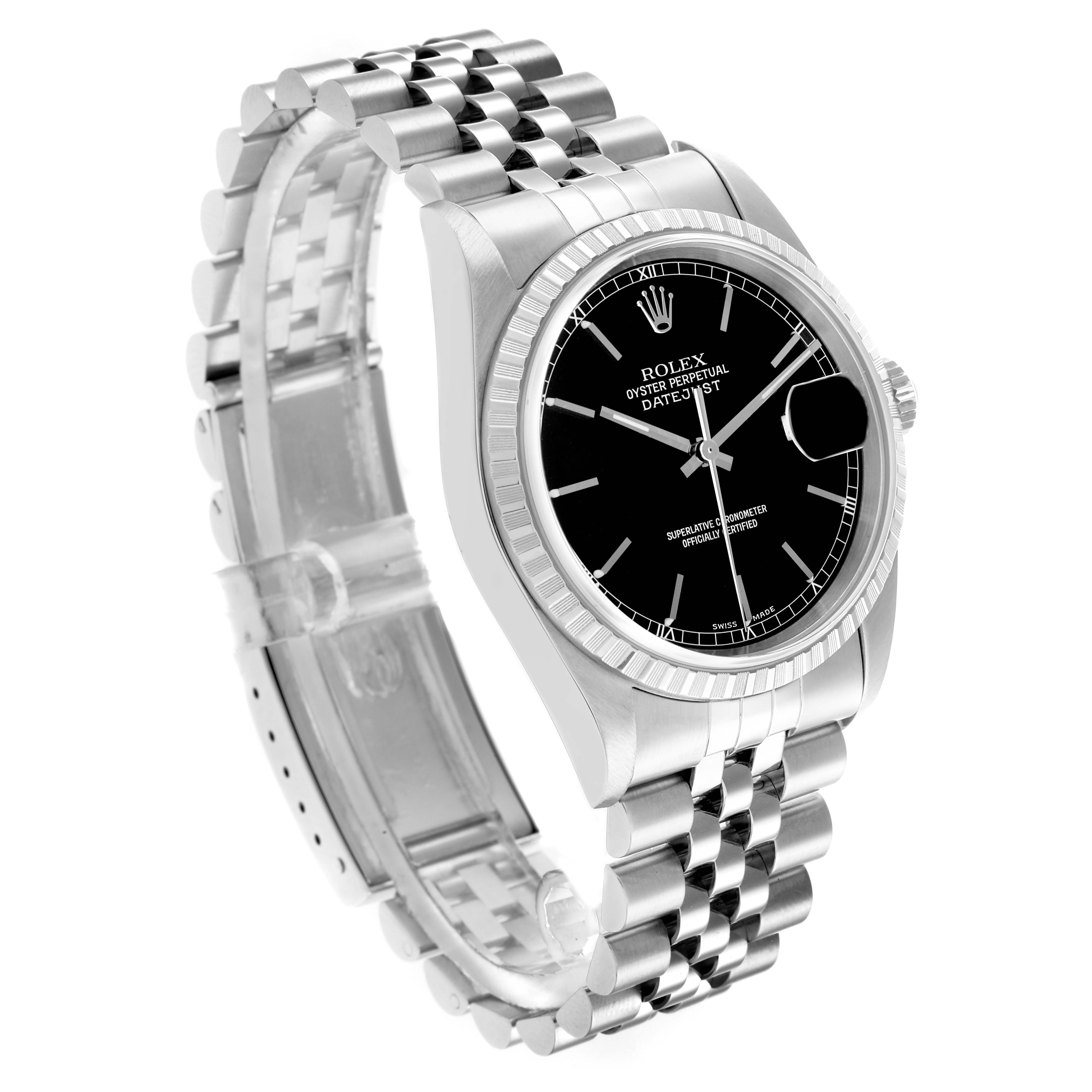 The Rolex Datejust 16220 Men
s Stainless Steel Black Dial watch is shown from a top-side angle, highlighting the case, black dial, bezel, bracelet, and crown.