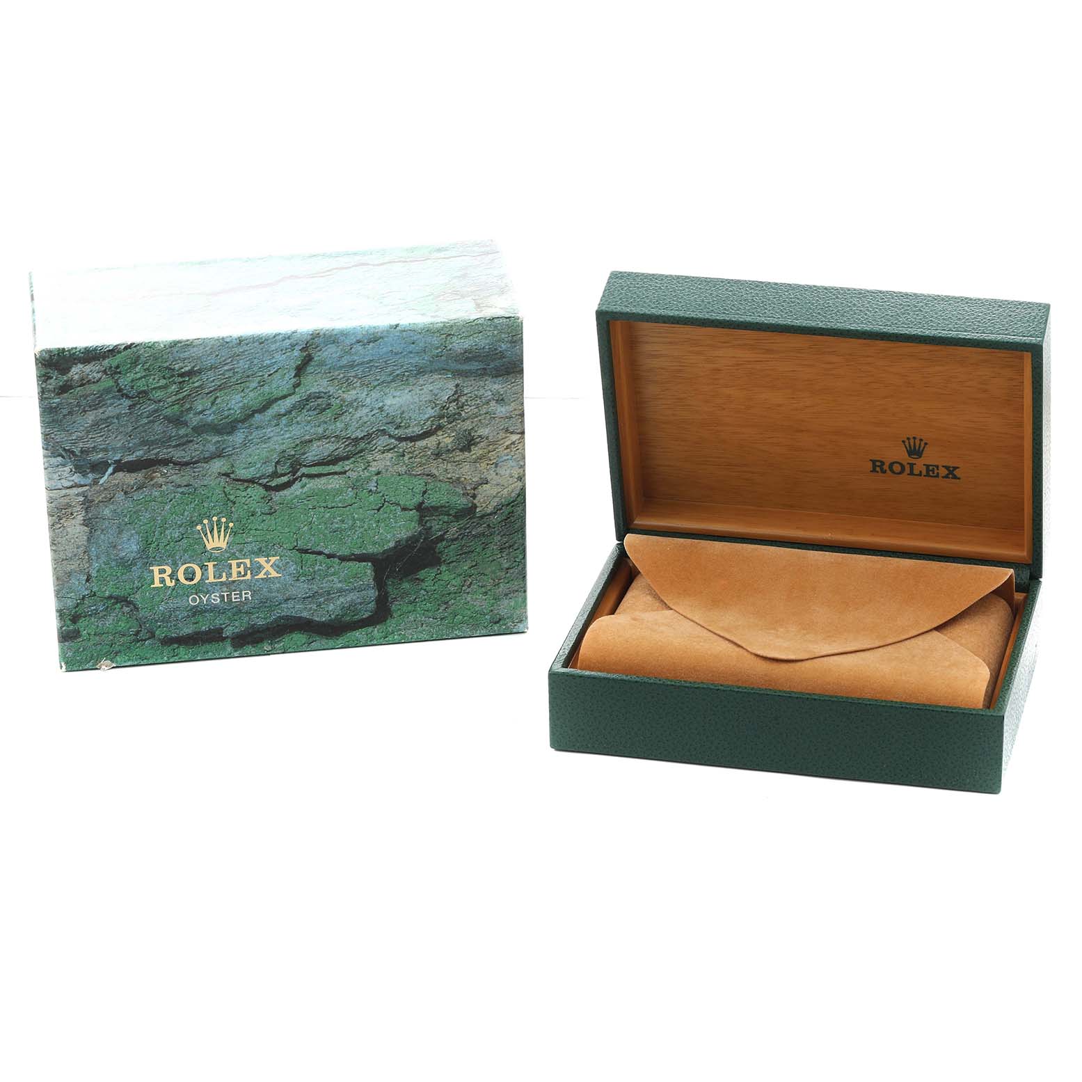 The image shows a Rolex Datejust 16220 Men
s Stainless Steel Black Dial watch box and sleeve, with a green textured finish and open lid, displaying the interior.