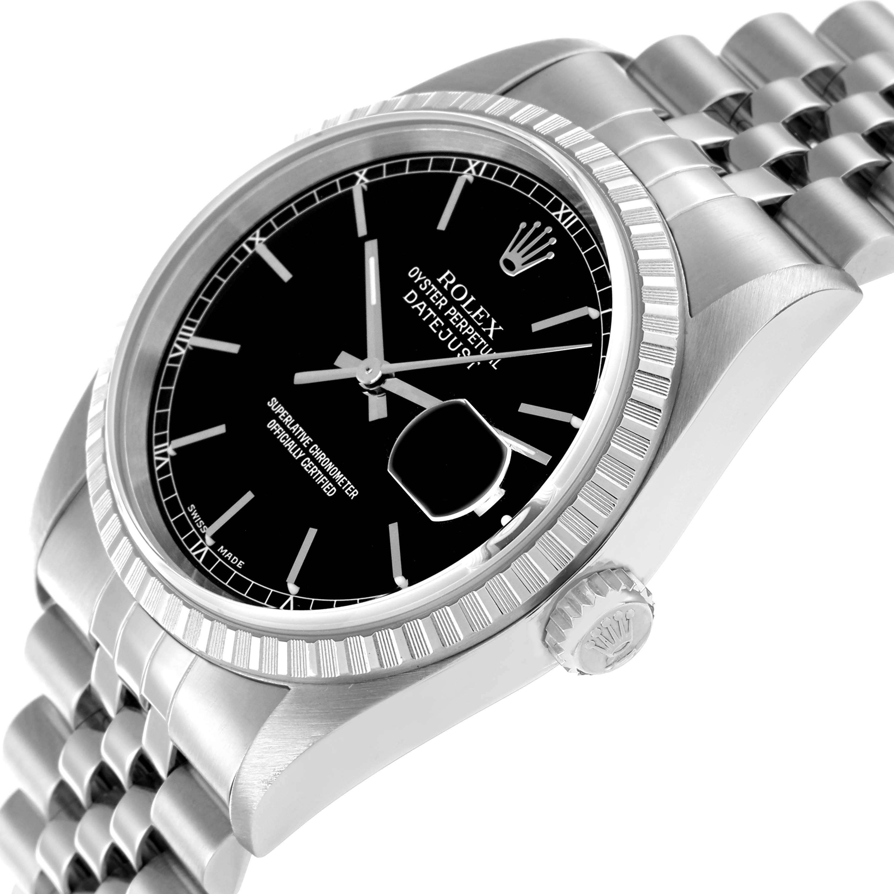 The Rolex Datejust 16220 Men
s Stainless Steel Black Dial watch is shown at an angled view, highlighting the bezel, black dial, and jubilee bracelet.