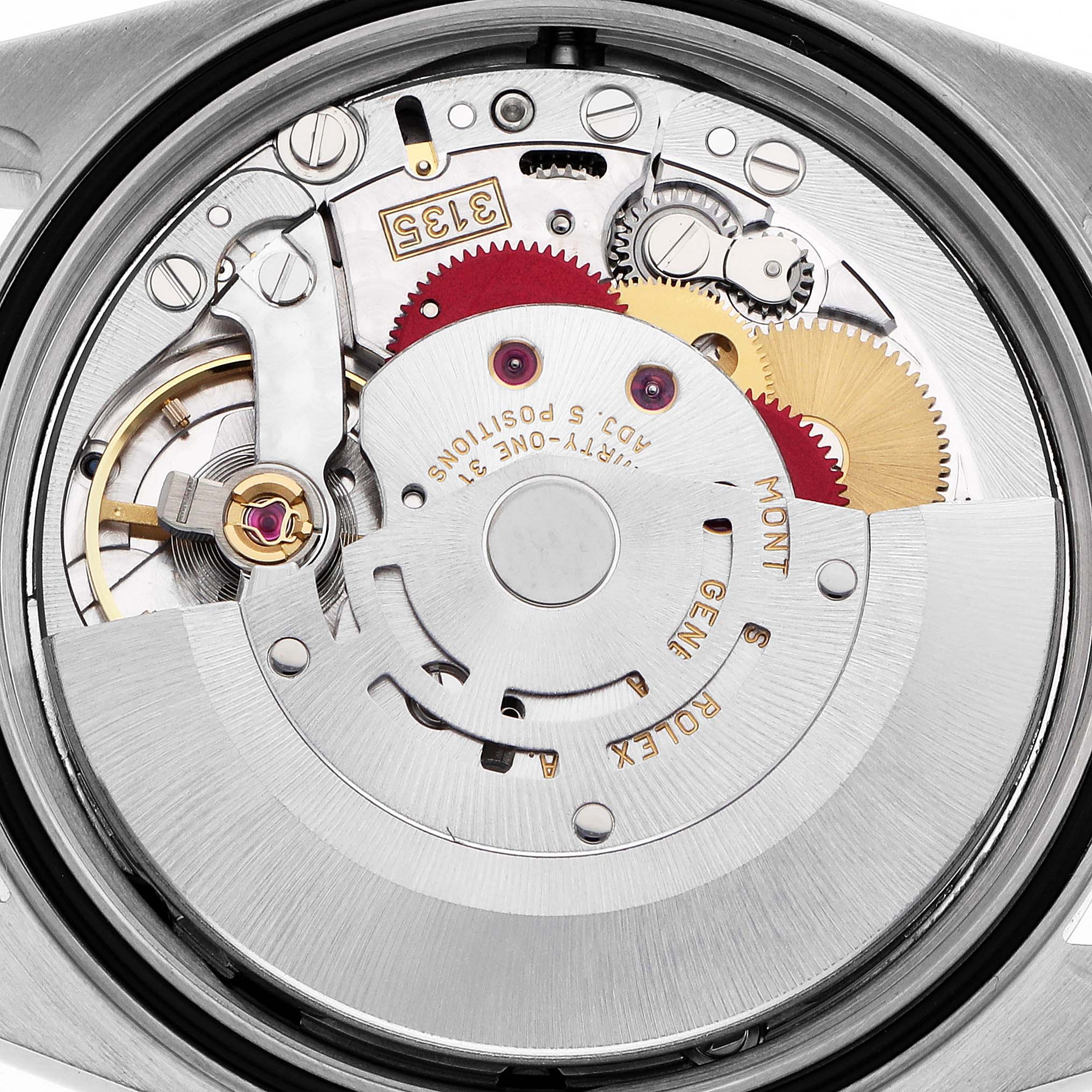 The image shows a detailed view of the Rolex Datejust 16220 Men
s Stainless Steel Black Dial
s movement, highlighting gears and components from the back.