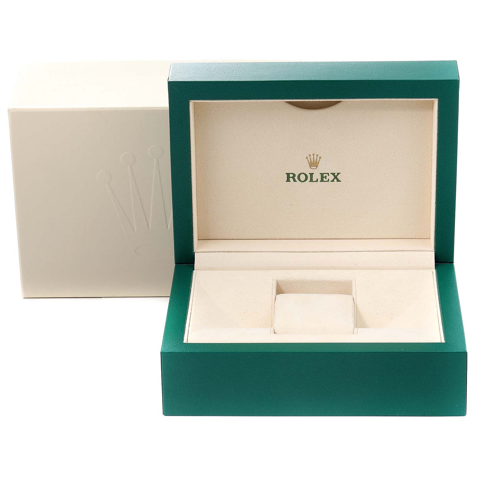 The image shows an open Rolex Datejust 41 116300 Men
s Stainless Steel Silver Dial 116300 Men
s Stainless Steel Silver Dial watch box with a green outer case and beige interior.