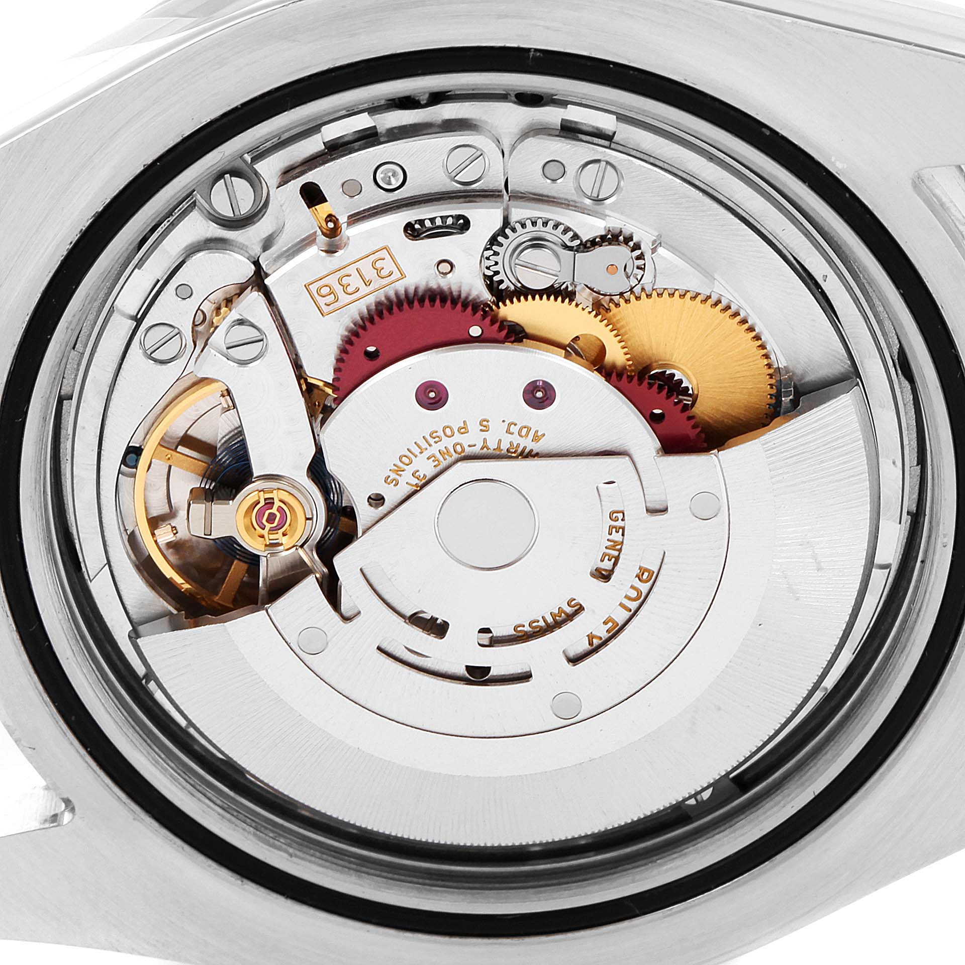 The image displays the internal mechanism of a Rolex Datejust 41 116300 Men
s Stainless Steel Silver Dial 116300 Men
s Stainless Steel Silver Dial watch from a macro perspective, highlighting its intricate components.