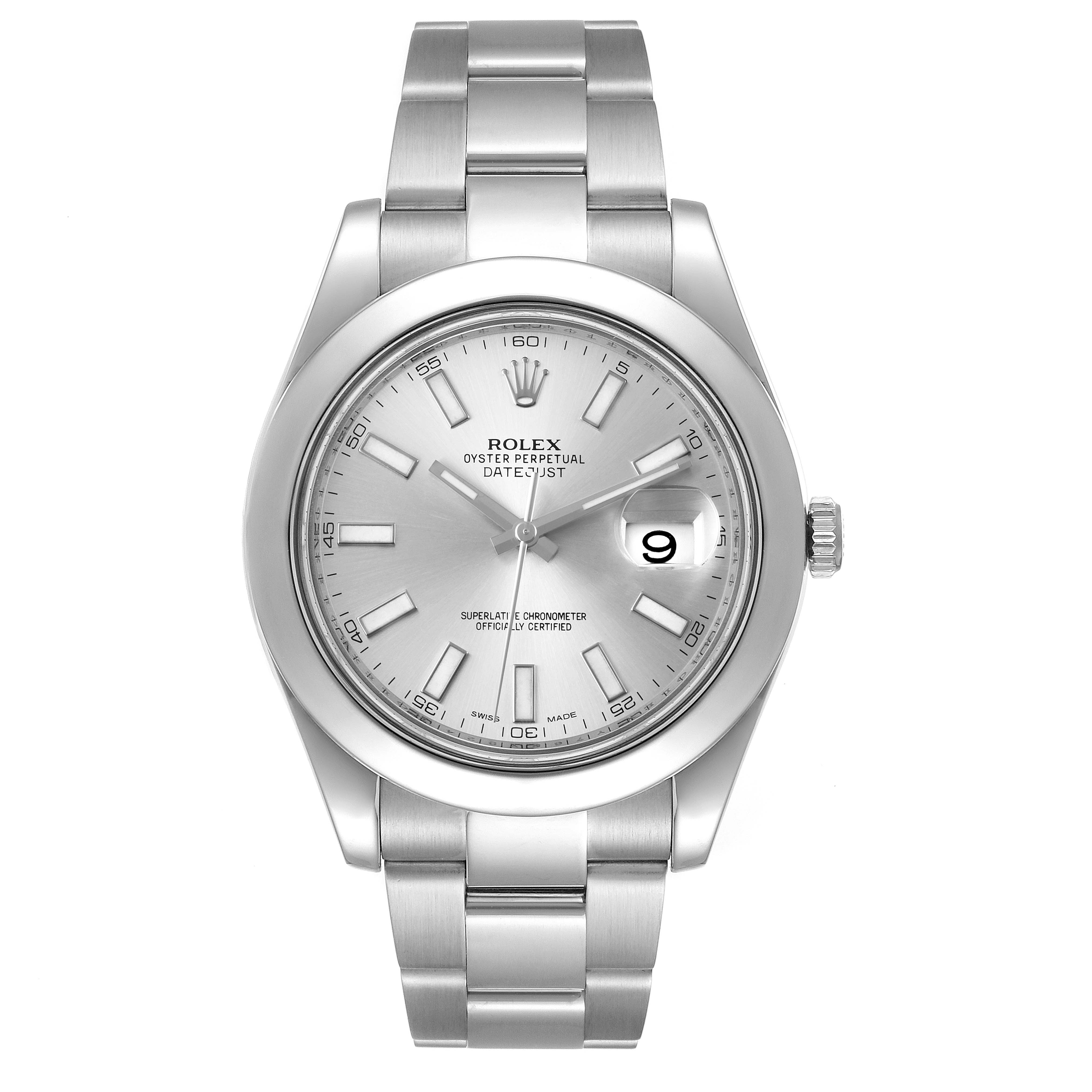 The Rolex Datejust 41 116300 Men
s Stainless Steel Silver Dial 116300 Men
s Stainless Steel Silver Dial watch is shown from a front view, highlighting its dial, bezel, bracelet, and date window.