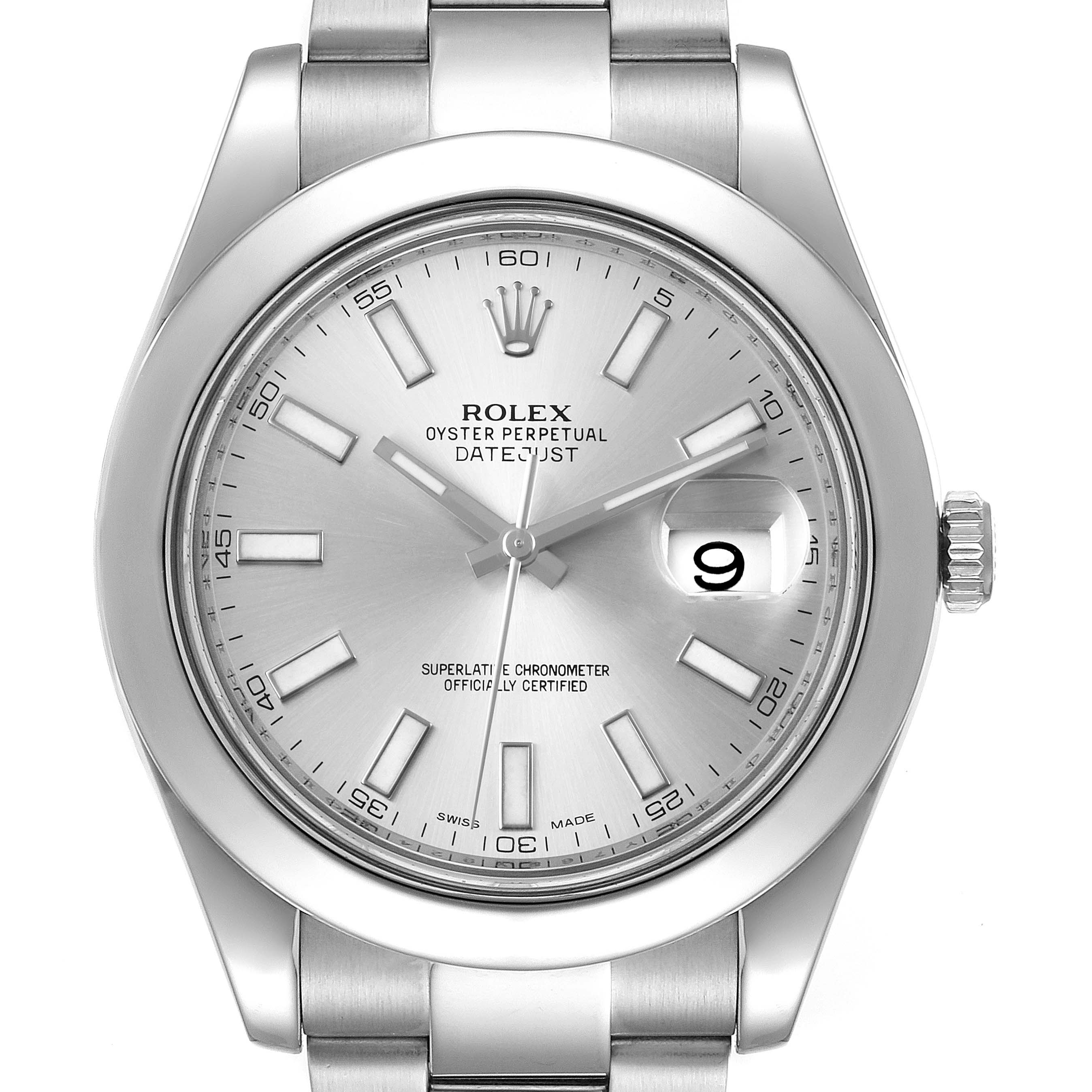 The image shows a full, front view of a Rolex Datejust 41 116300 Men
s Stainless Steel Silver Dial 116300 Men
s Stainless Steel Silver Dial watch, highlighting its silver dial, Oystersteel bracelet, and date window.
