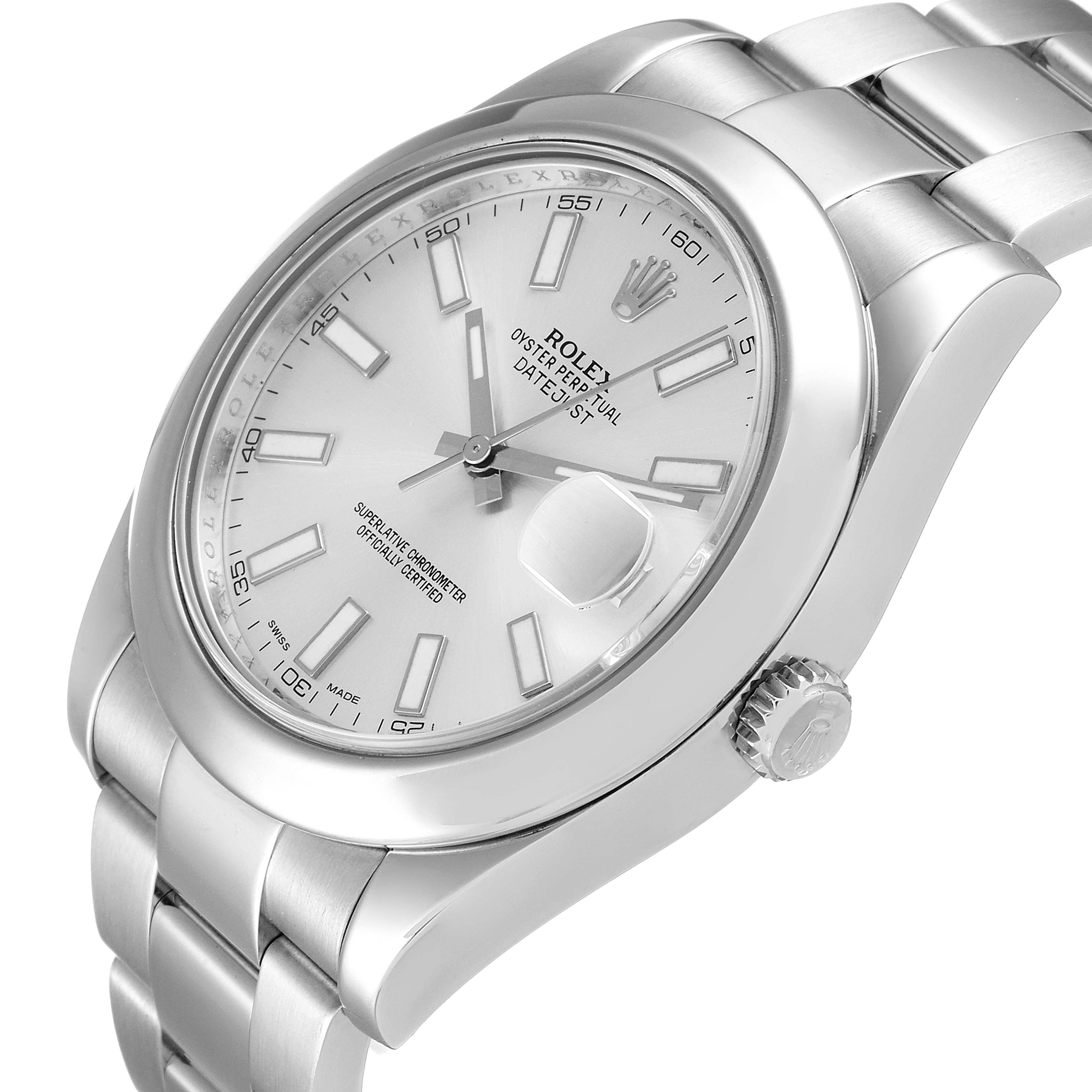 The image shows a close-up angled view of the Rolex Datejust 41 116300 Men
s Stainless Steel Silver Dial 116300 Men
s Stainless Steel Silver Dial model watch, displaying the dial, crown, and part of the bracelet.