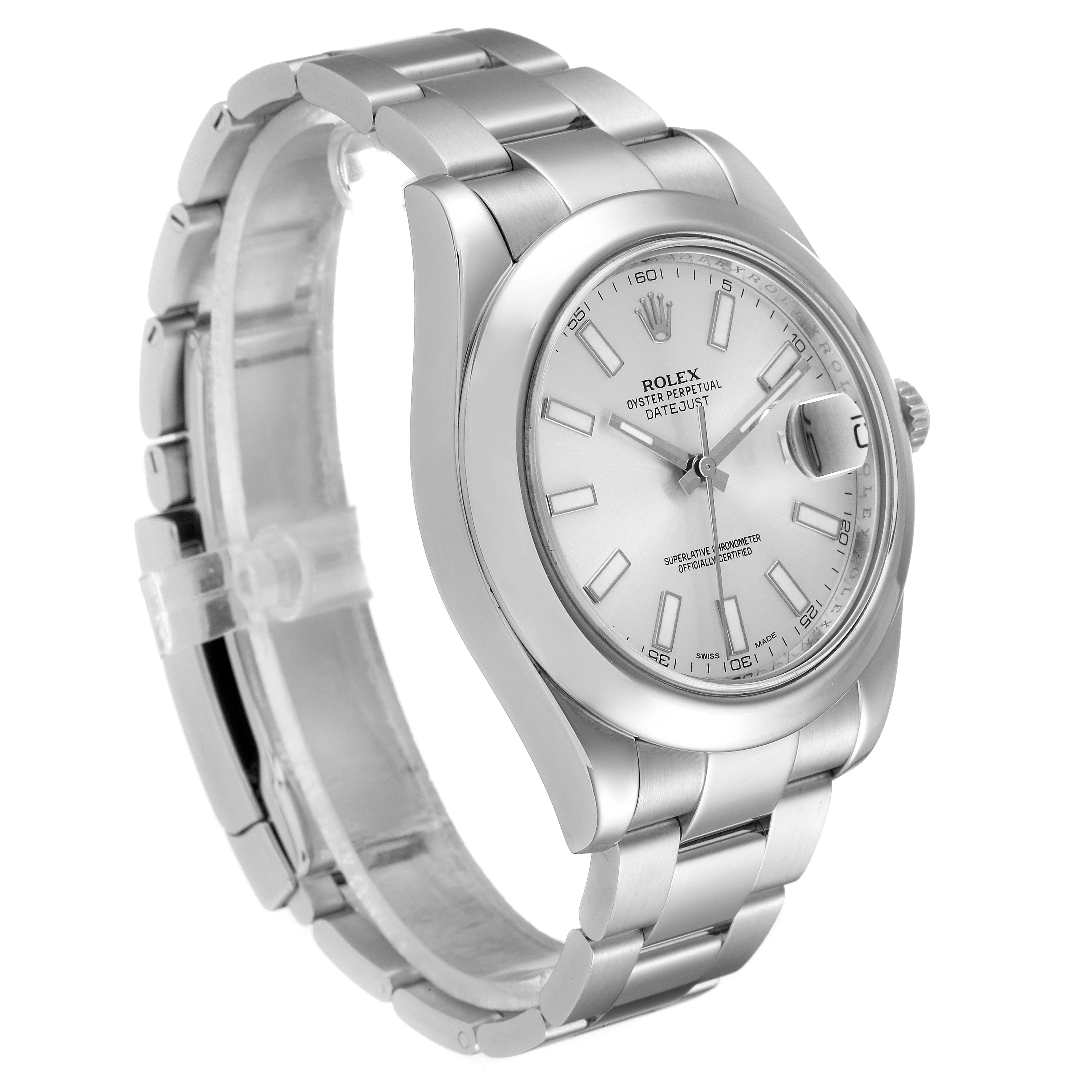 The image shows a Rolex Datejust 41 116300 Men
s Stainless Steel Silver Dial 116300 Men
s Stainless Steel Silver Dial watch from a three-quarter angle, featuring the dial, bezel, case, and part of the bracelet.