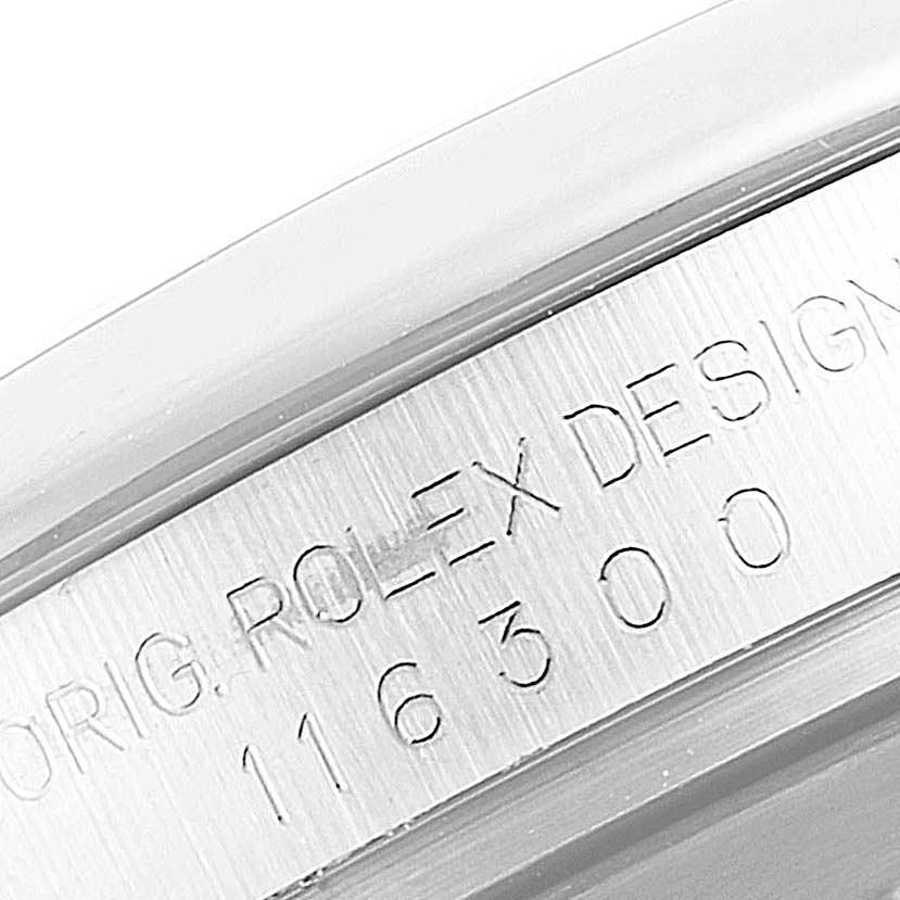 This image shows a close-up view of the engraved model number and design mark on the side of the Rolex Datejust 41 116300 Men
s Stainless Steel Silver Dial 116300 Men
s Stainless Steel Silver Dial.