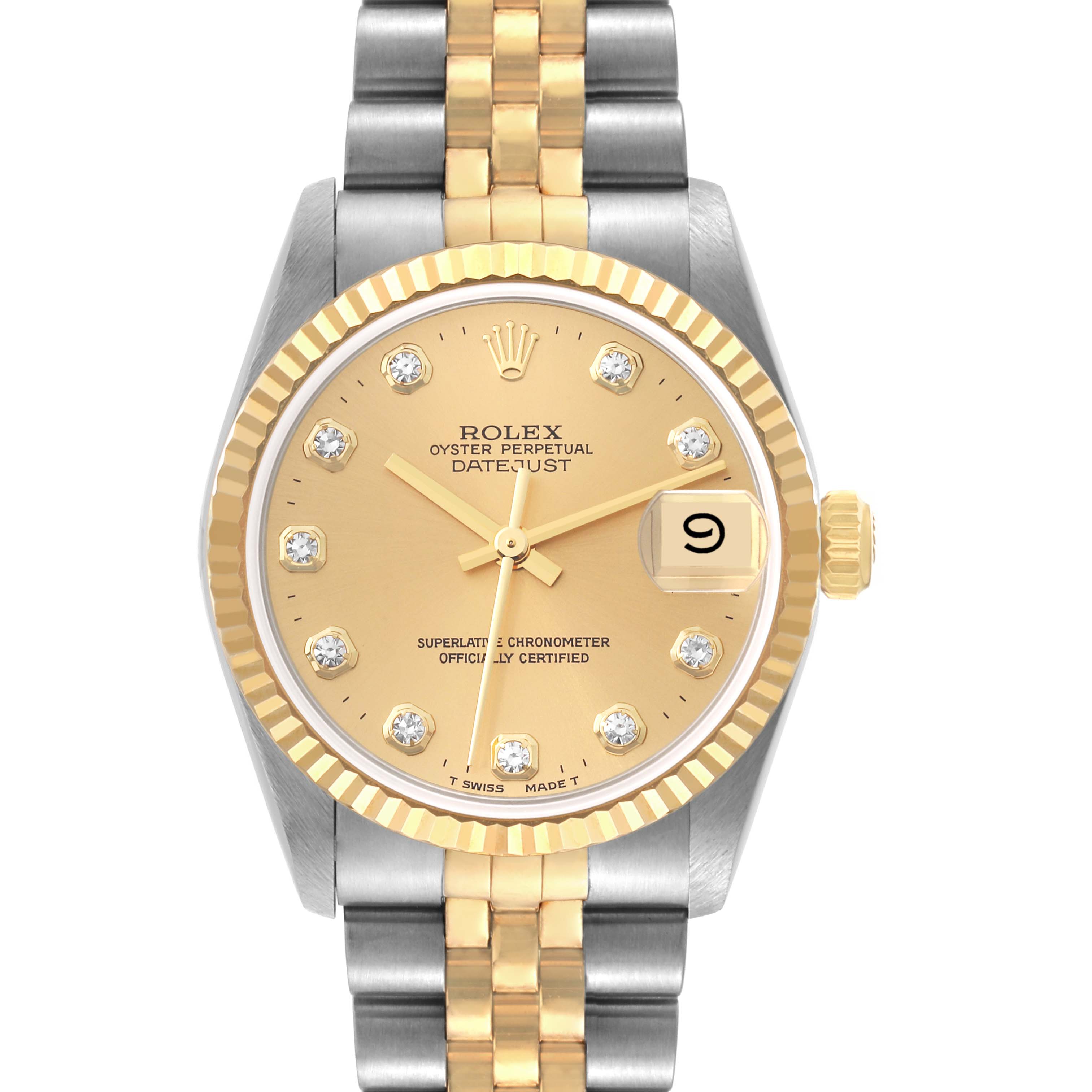 The image shows a front view of a Mid-Size Rolex Datejust watch, highlighting its gold dial, diamond hour markers, and two-tone bracelet.