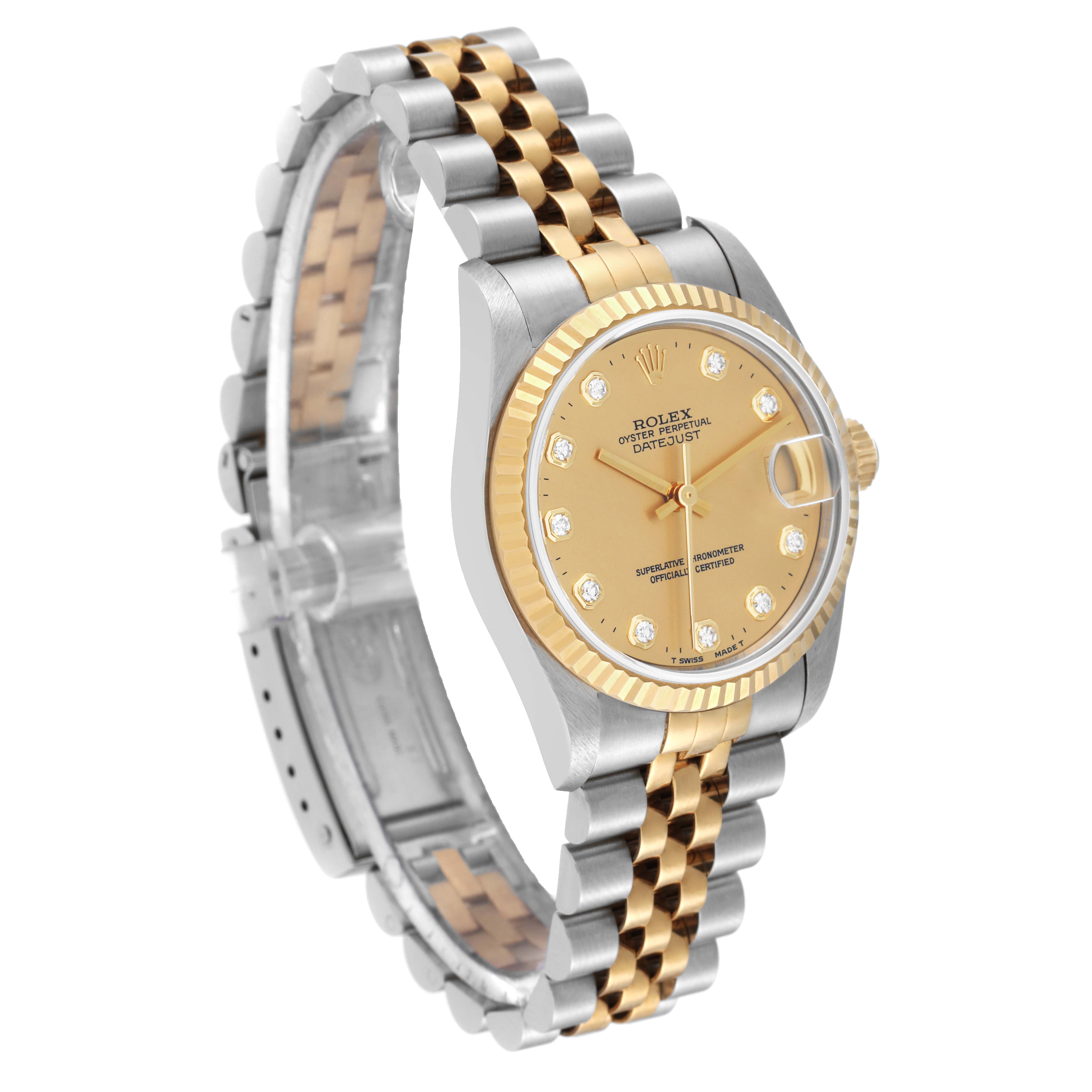 The image shows a Mid-Size Rolex Datejust watch at a three-quarter angle, highlighting the two-tone bracelet and champagne dial.