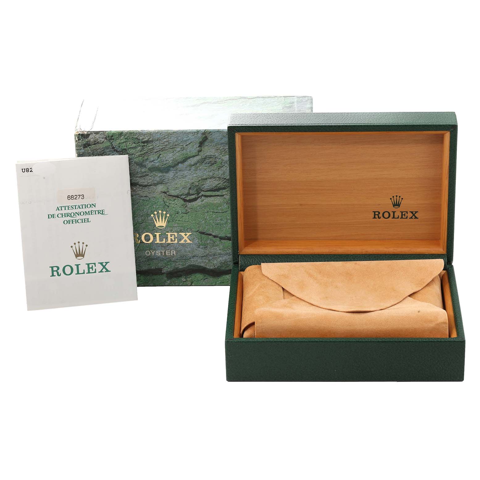 The image shows a Rolex watch case, outer box, and official chronometer certification for a Mid-Size model.