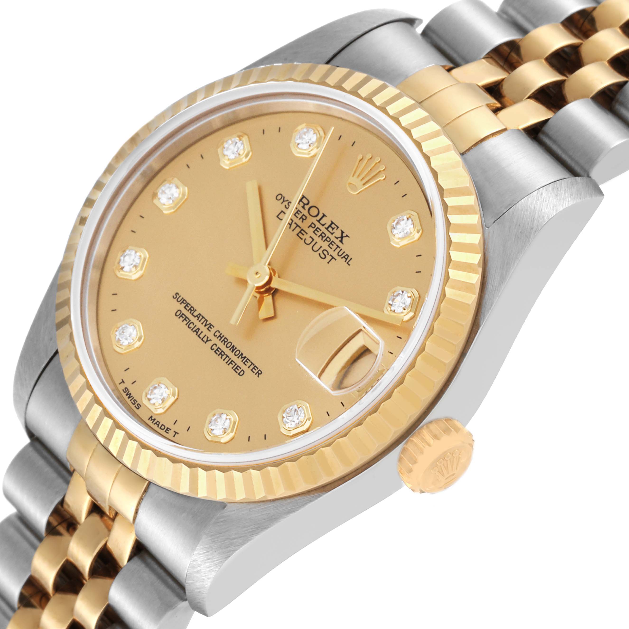 The image shows a close-up, angled view of the Rolex Mid-Size 68273 Women's Steel and Gold (two tone) Champagne Dial 68273 Women's Steel and Gold (two tone) Champagne Dial watch, highlighting the dial, bezel, and part of the bracelet.