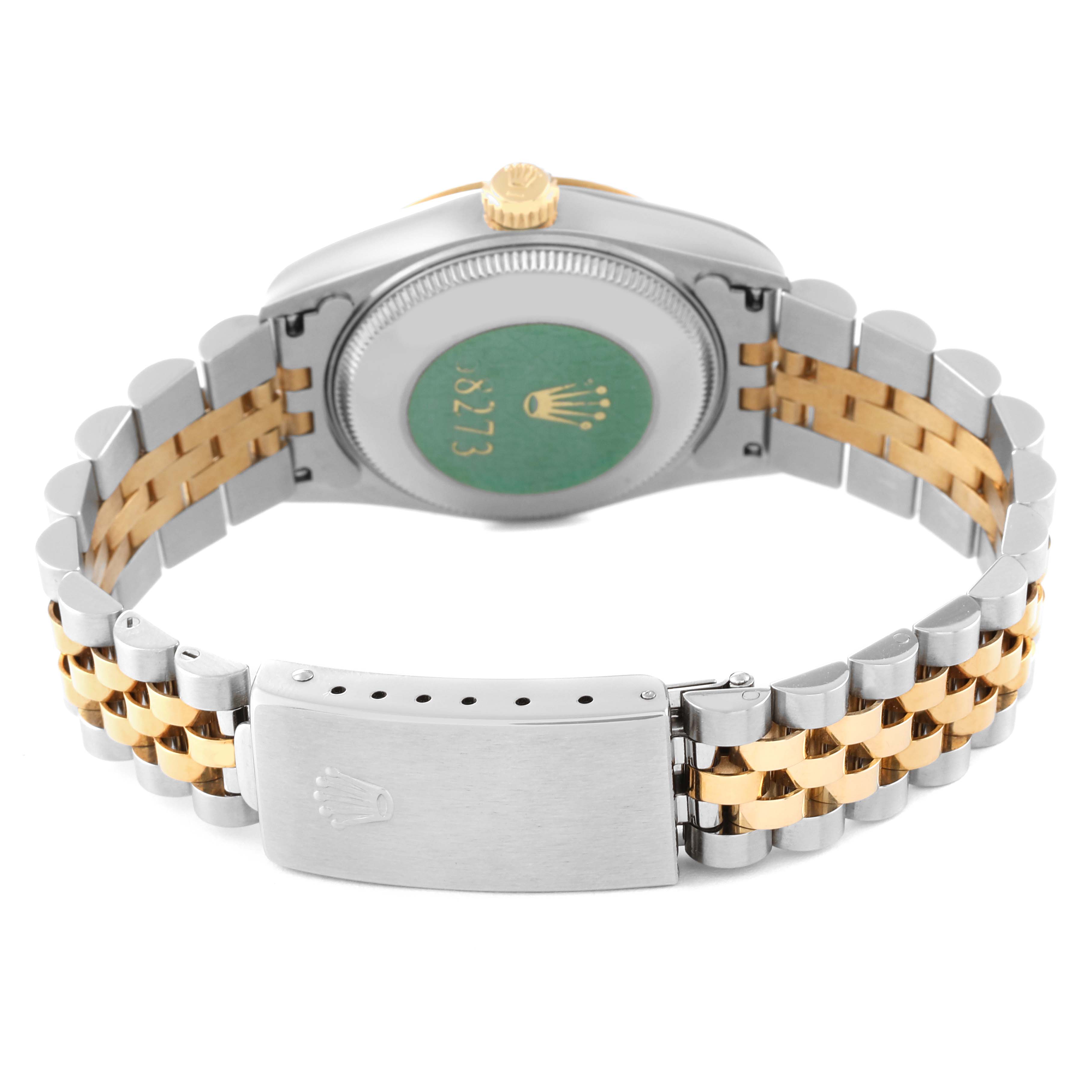 The image shows the back case and bracelet, focusing on the clasp of the Rolex Mid-Size 68273 Women's Steel and Gold (two tone) Champagne Dial 68273 Women's Steel and Gold (two tone) Champagne Dial model watch.