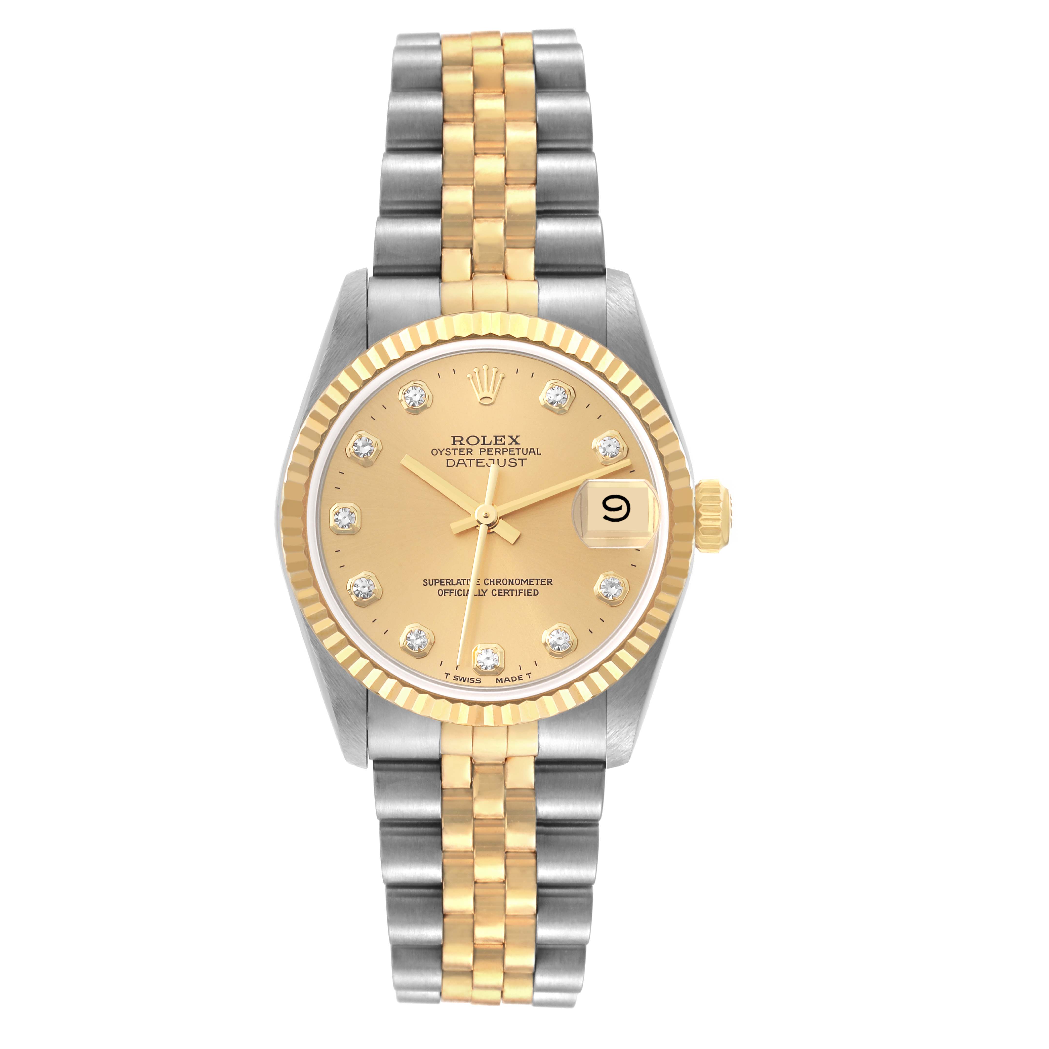 This image displays a Rolex Mid-Size 68273 Women's Steel and Gold (two tone) Champagne Dial 68273 Women's Steel and Gold (two tone) Champagne Dial Oyster Perpetual Datejust watch from a top-down angle, highlighting its dial, bezel, and bracelet.