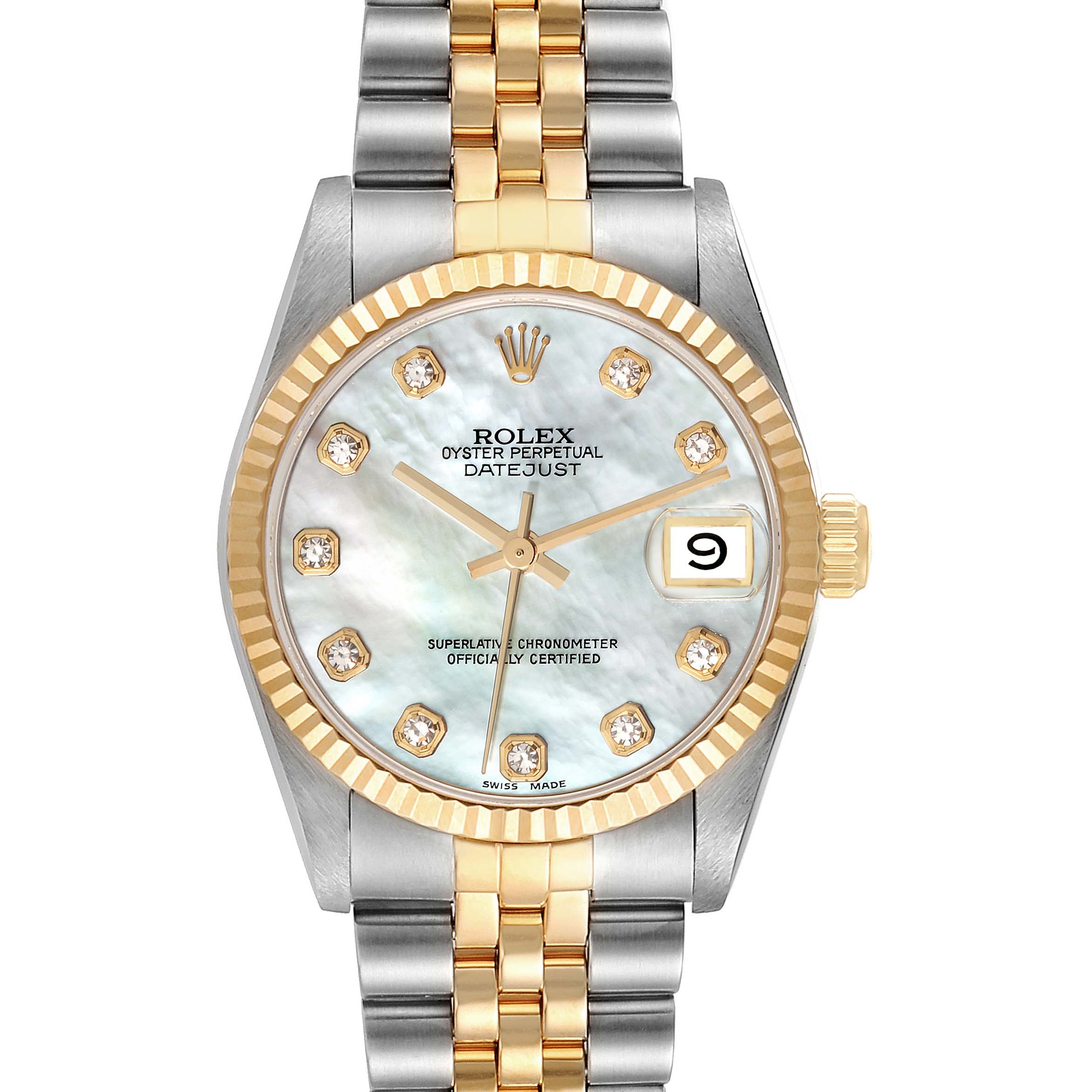 This image shows a front view of a Mid-Size Rolex Oyster Perpetual Datejust watch, featuring a two-tone bracelet and a gold bezel.