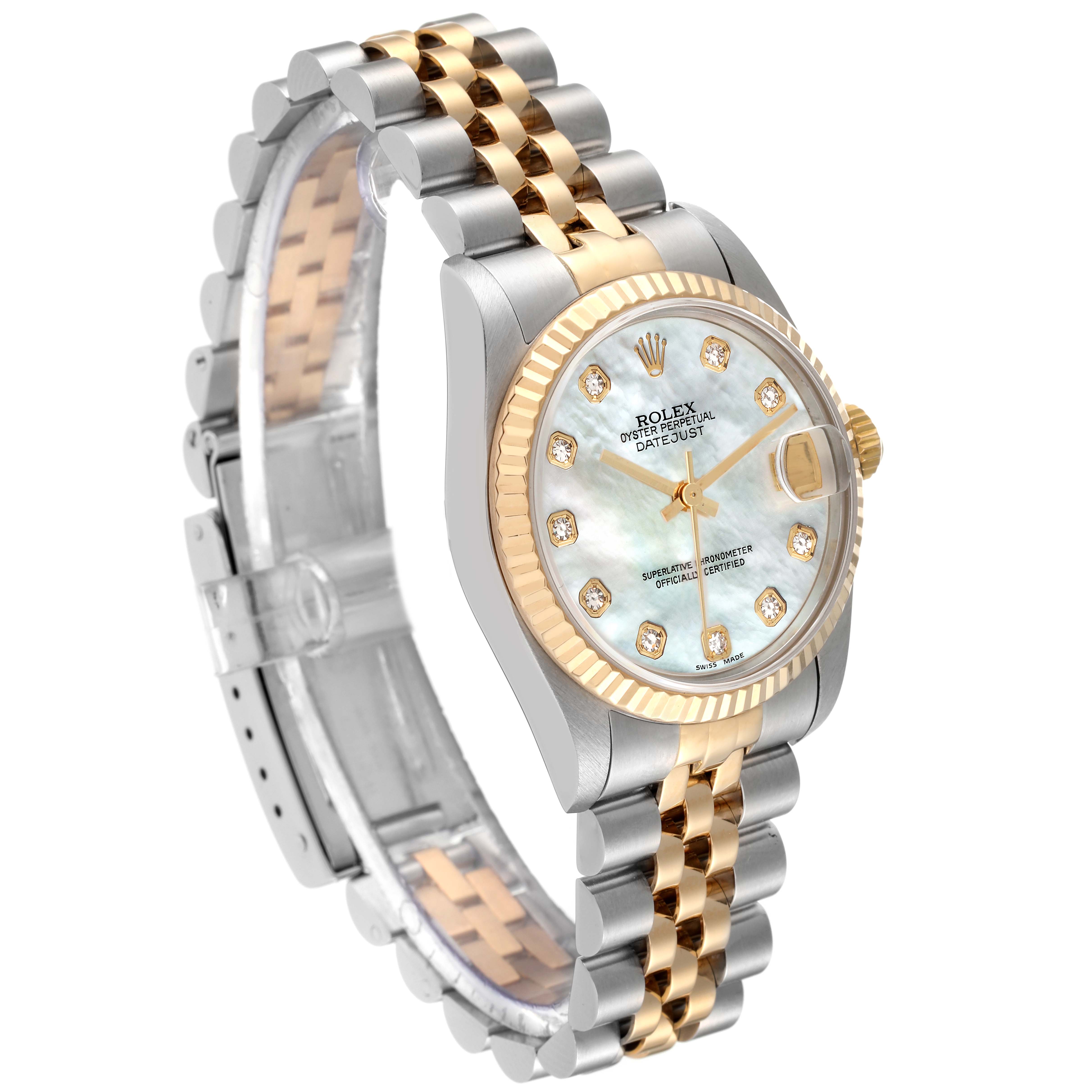 The image shows a Rolex Mid-Size 68273 Women's Steel and Gold (two tone) Mother of Pearl Dial 68273 Women's Steel and Gold (two tone) Mother of Pearl Dial Datejust watch, featuring the face, bezel, crown, and two-tone bracelet at an angled side view.