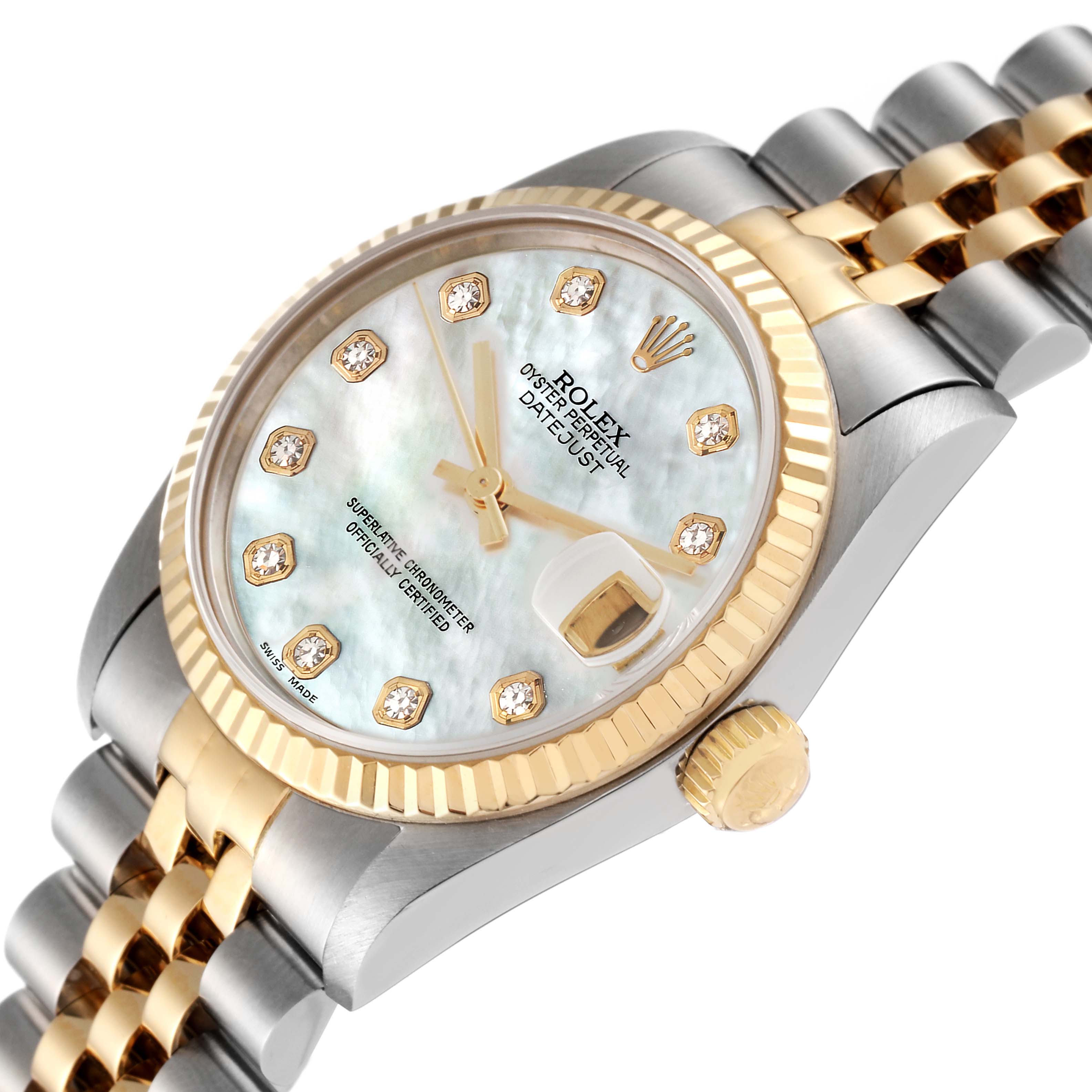 This image shows a Rolex Mid-Size 68273 Women's Steel and Gold (two tone) Mother of Pearl Dial 68273 Women's Steel and Gold (two tone) Mother of Pearl Dial Datejust watch at an angle highlighting the face, crown, bezel, and part of the bracelet.