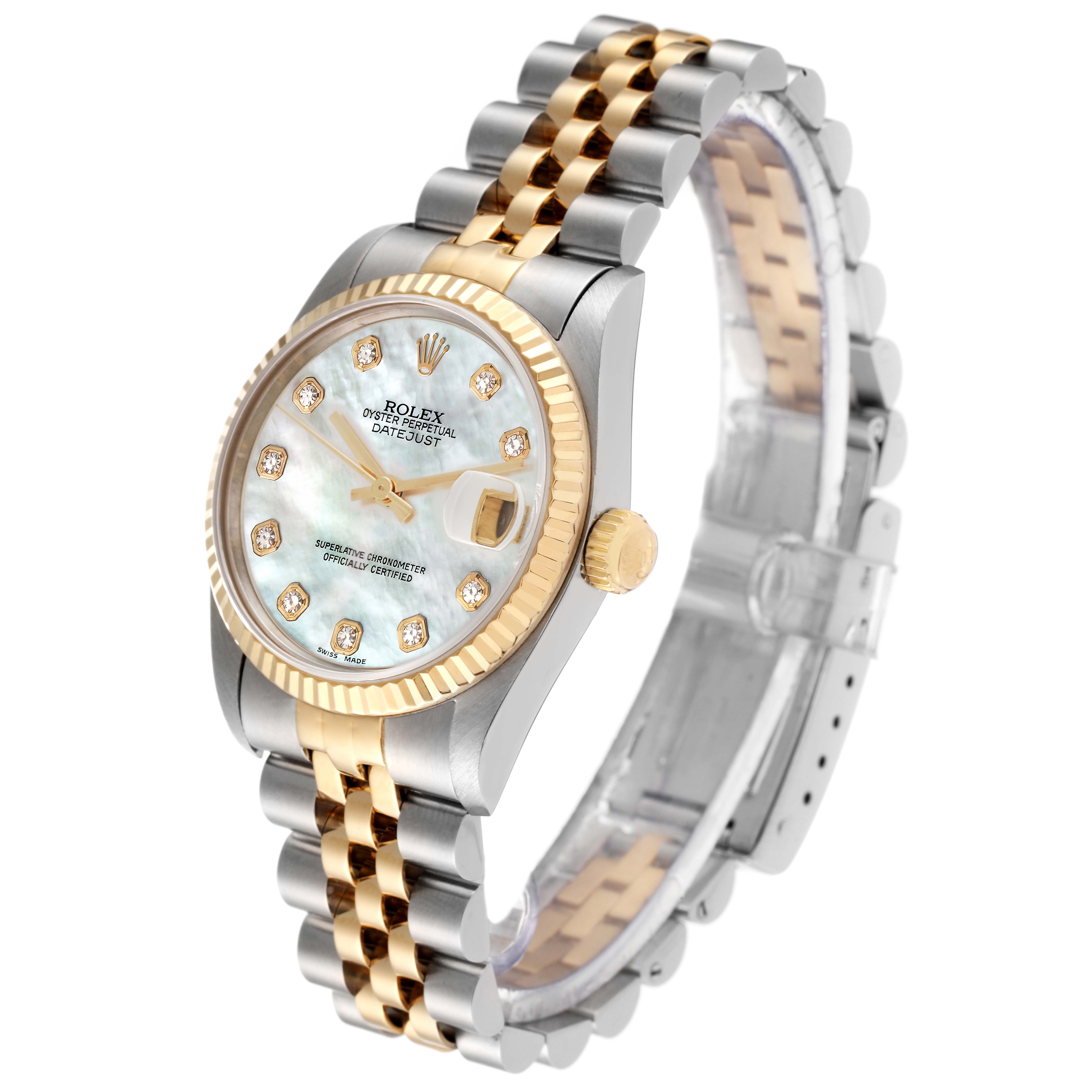 The image shows a side angle of a Rolex Datejust Mid-Size watch, highlighting its two-tone bracelet, dial, and crown.