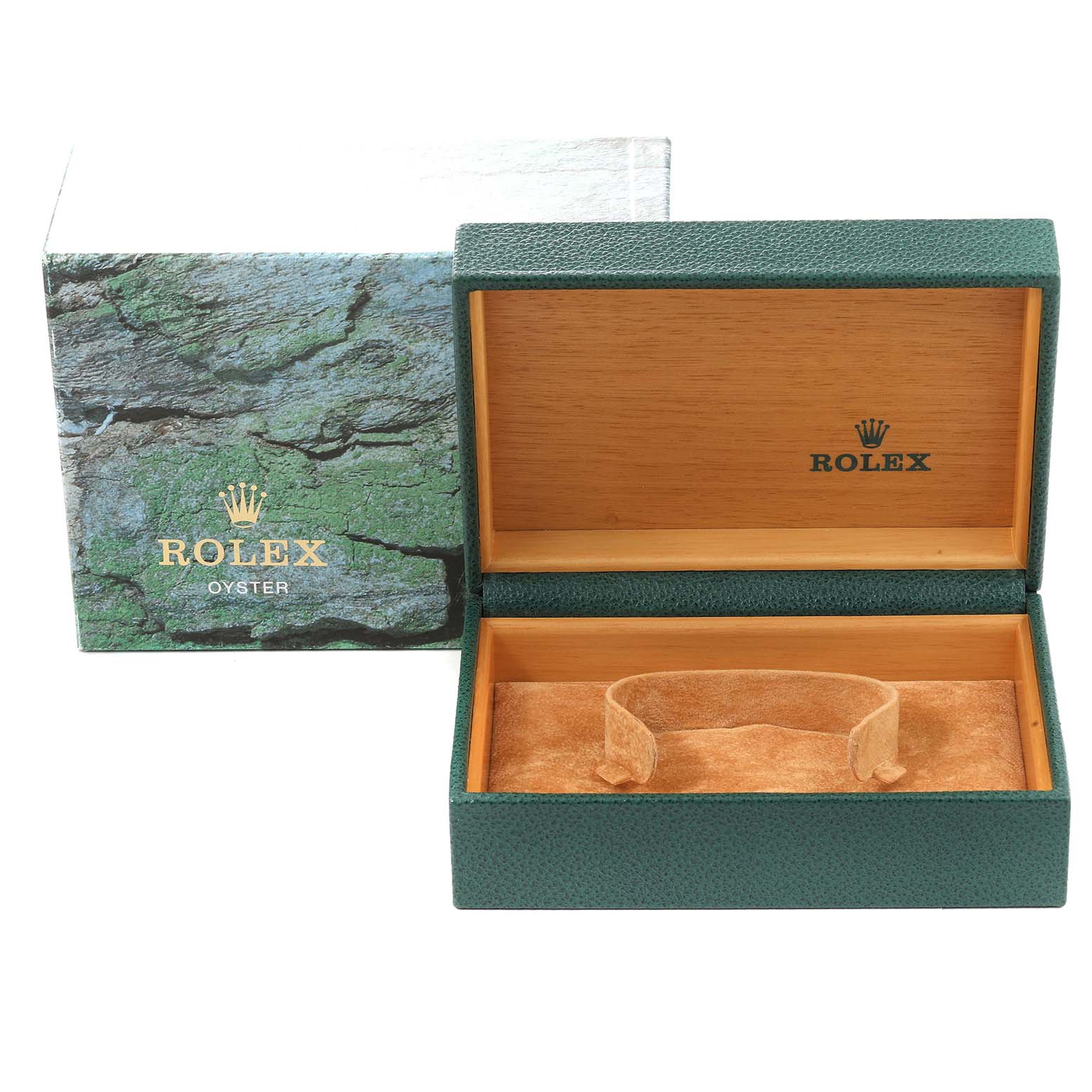 The image shows an open green Rolex Oyster watch box, designed for a Mid-Size model, with its lid open exposing the interior.