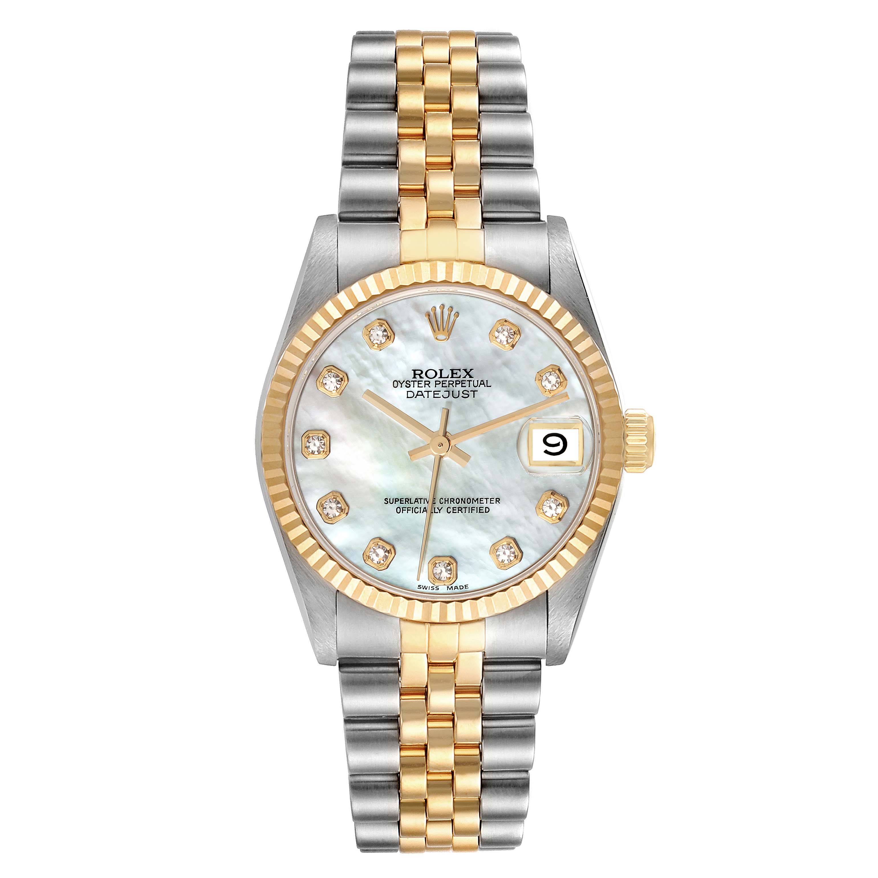 This image shows a front view of the Rolex Oyster Perpetual Datejust Mid-Size watch with a mother-of-pearl dial, diamond markers, and two-tone bracelet.