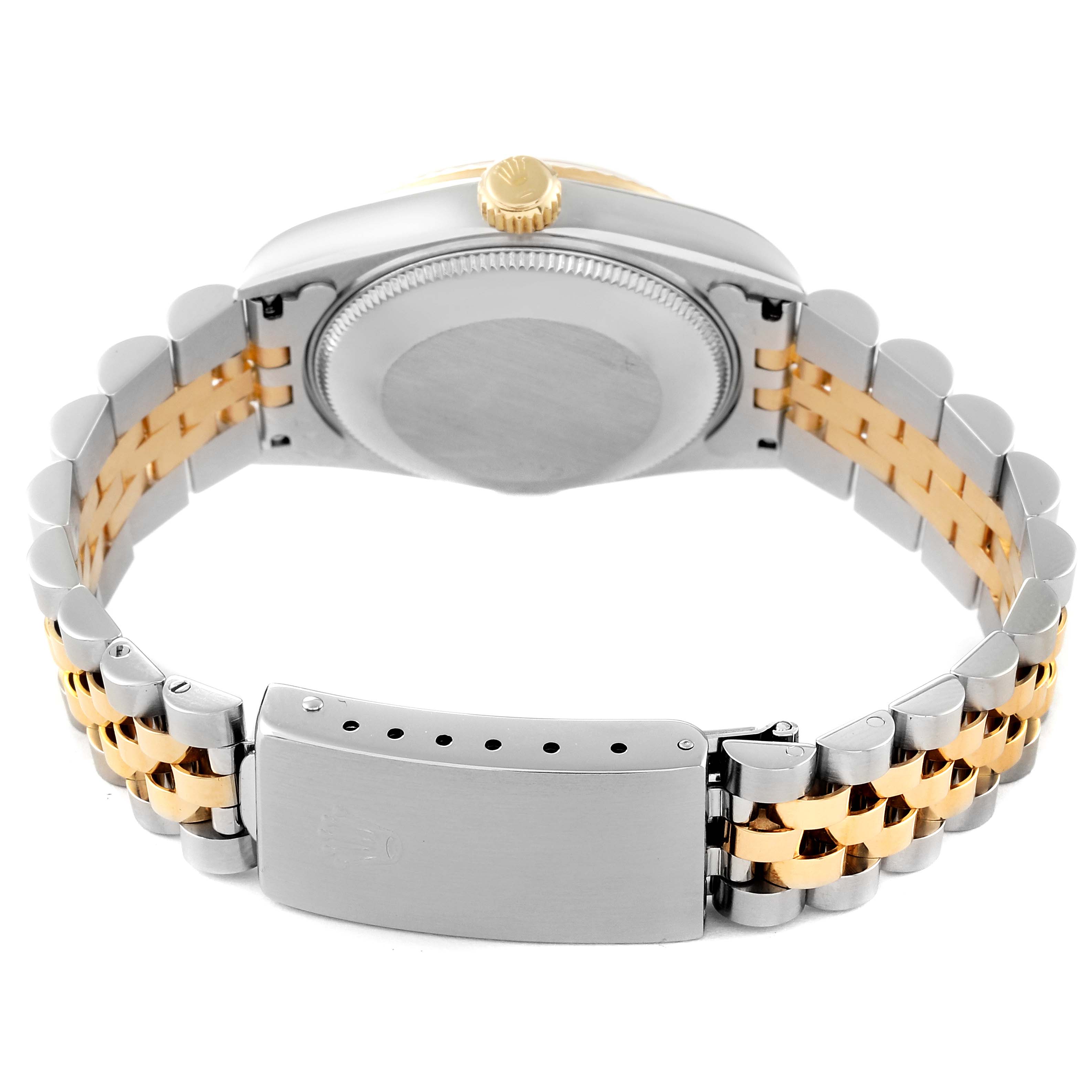 The image shows the back view of a Mid-Size Rolex watch, highlighting the case back, crown, and two-tone bracelet with clasp.