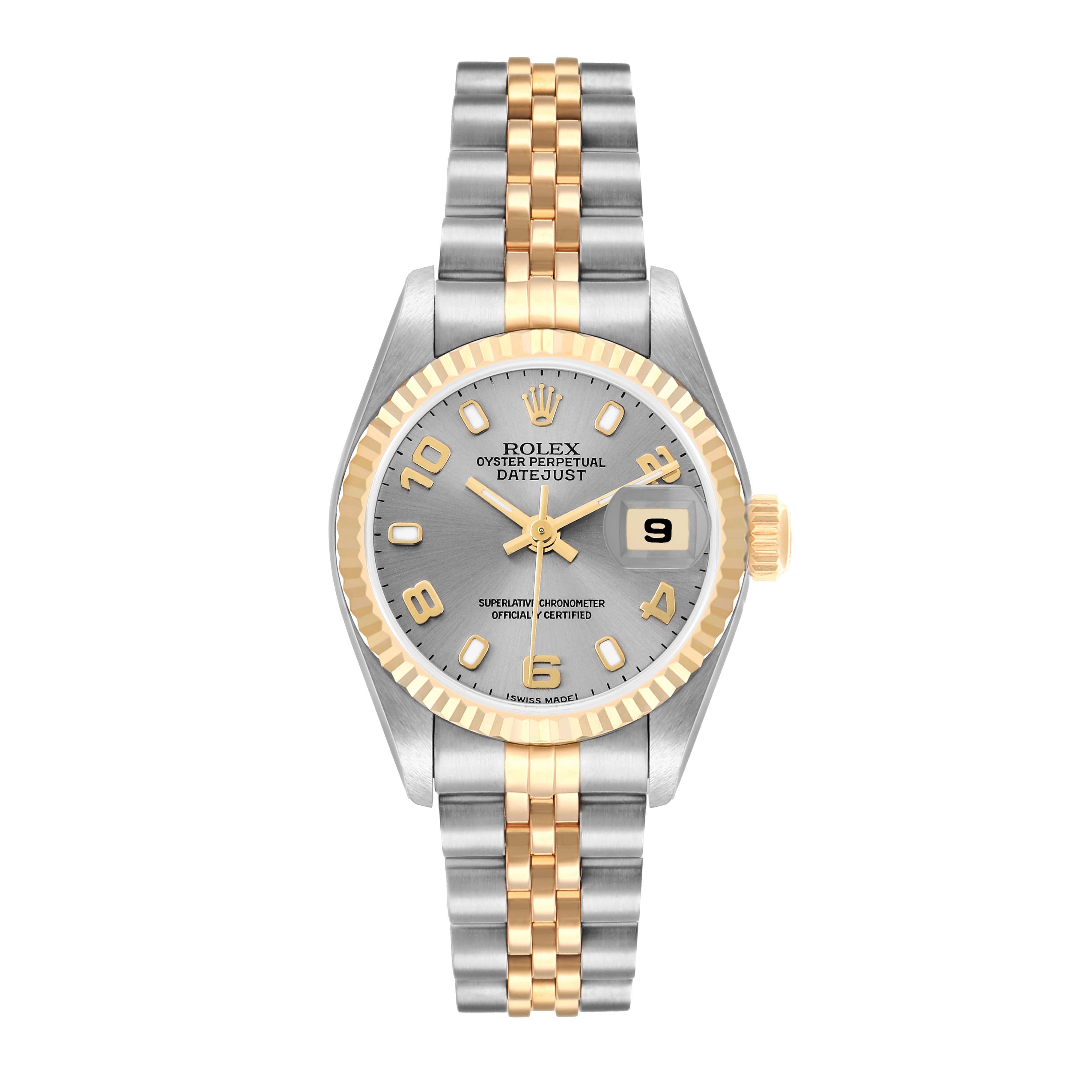 The Rolex Datejust 79173 Women
s Steel and Gold (two tone) Silver Dial watch is shown from a front view, highlighting the dial, bezel, and two-tone bracelet.