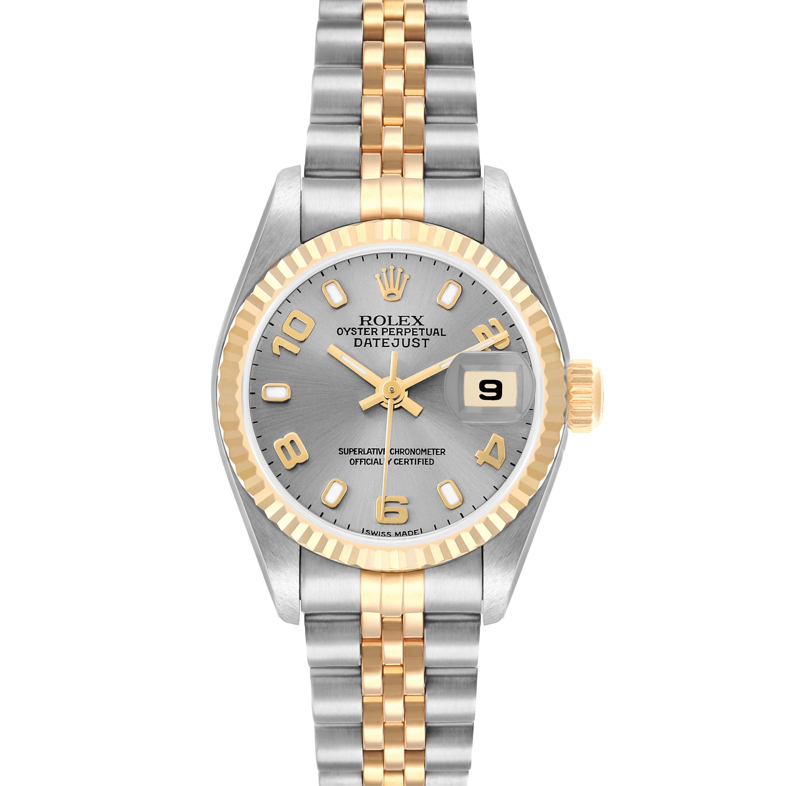 The Rolex Datejust 79173 Women
s Steel and Gold (two tone) Silver Dial watch is shown from the front, highlighting the dial, bezel, and two-tone bracelet.