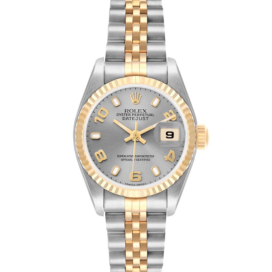 The Rolex Datejust 79173 Women's Steel and Gold (two tone) Silver Dial watch is shown from the front, highlighting the dial, bezel, and two-tone bracelet.