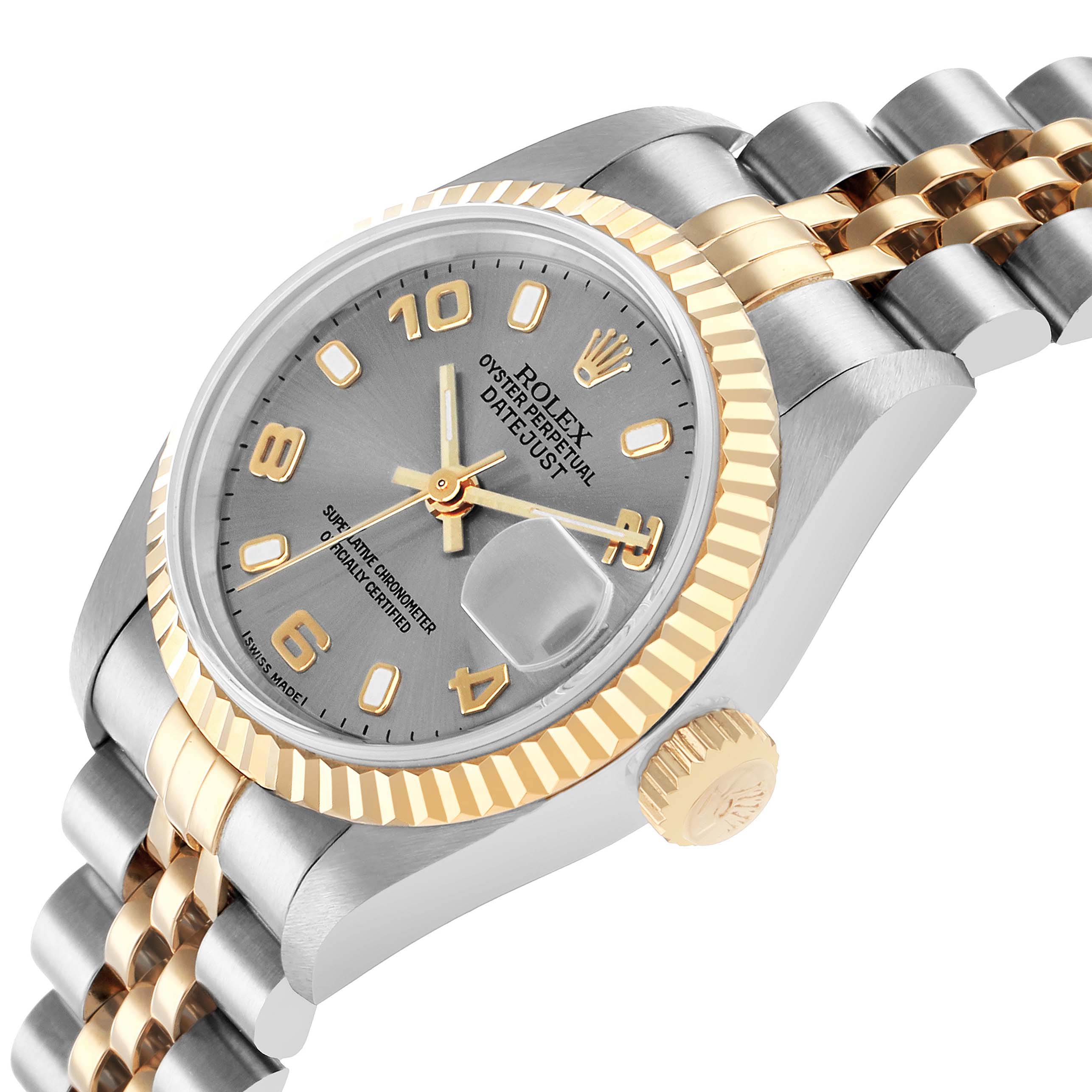 The Rolex Datejust 79173 Women
s Steel and Gold (two tone) Silver Dial watch is shown at a slight angle, highlighting the face, bezel, crown, and part of the two-tone band.