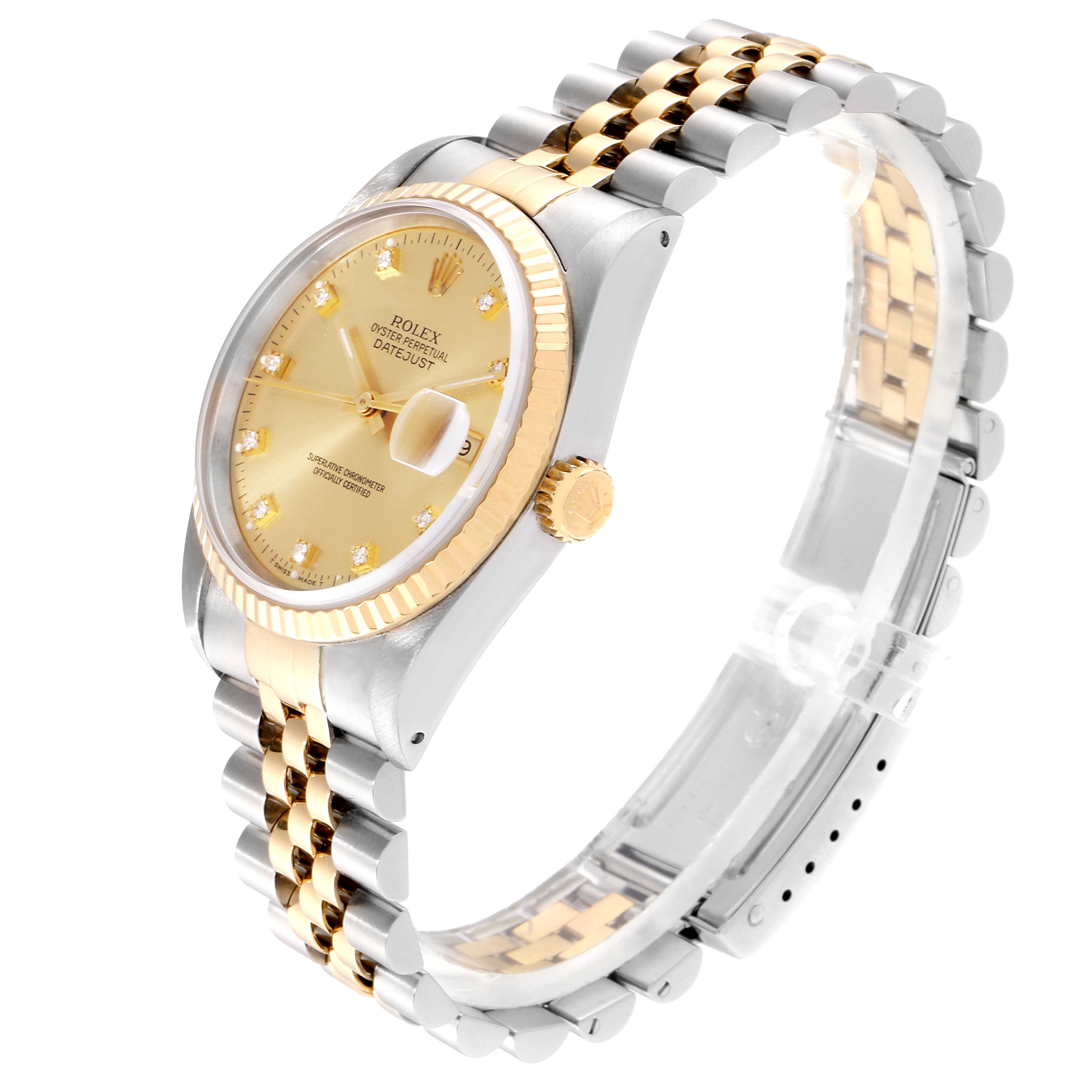 The Rolex Datejust 16233 Men
s Steel and Gold (two tone) Champagne Dial 16233 Men
s Steel and Gold (two tone) Champagne Dial watch is shown from an oblique angle, highlighting the bracelet, crown, and dial with date magnifier.