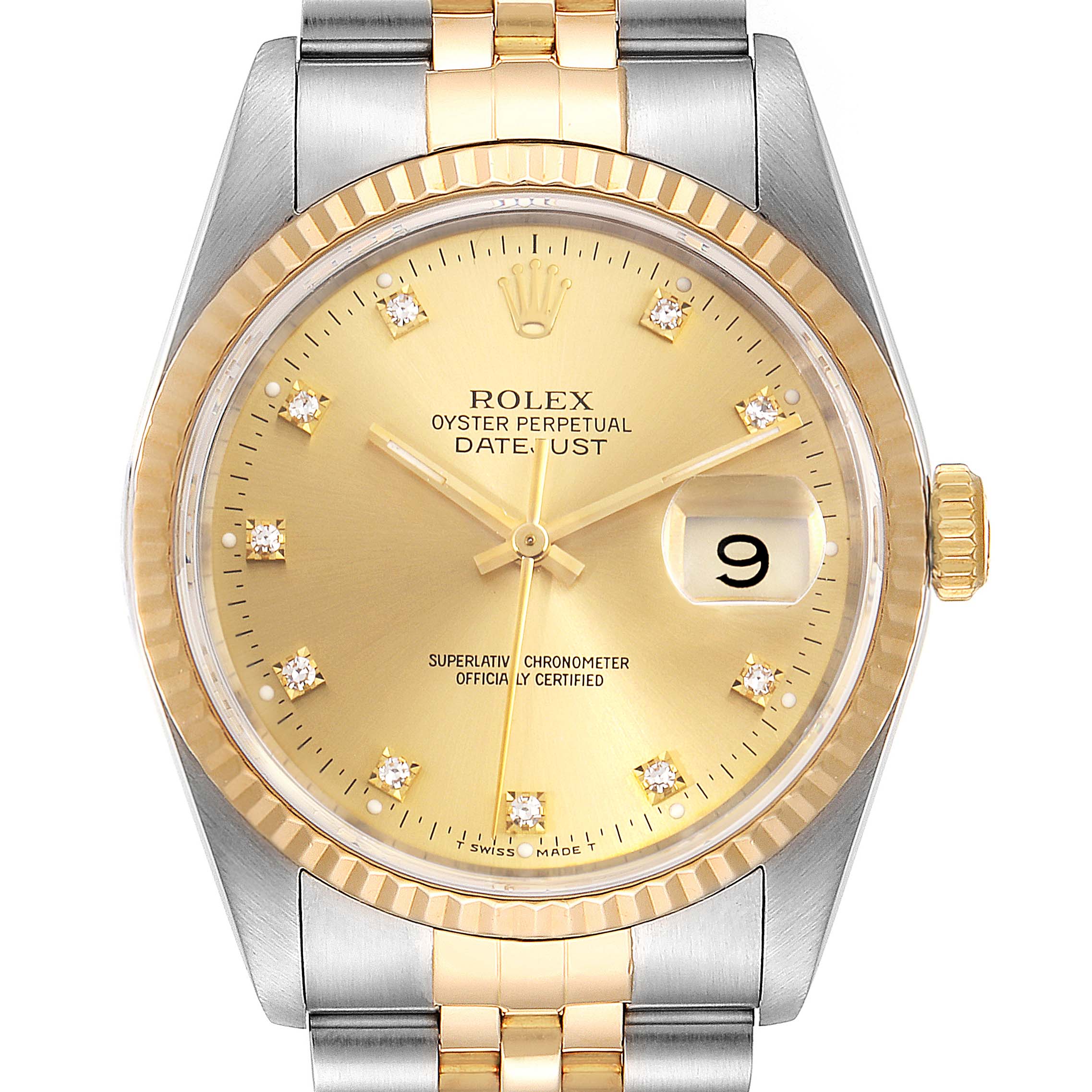 The image shows a full front view of a Rolex Datejust 16233 Men
s Steel and Gold (two tone) Champagne Dial 16233 Men
s Steel and Gold (two tone) Champagne Dial watch, focusing on the dial, bezel, and part of the bracelet.