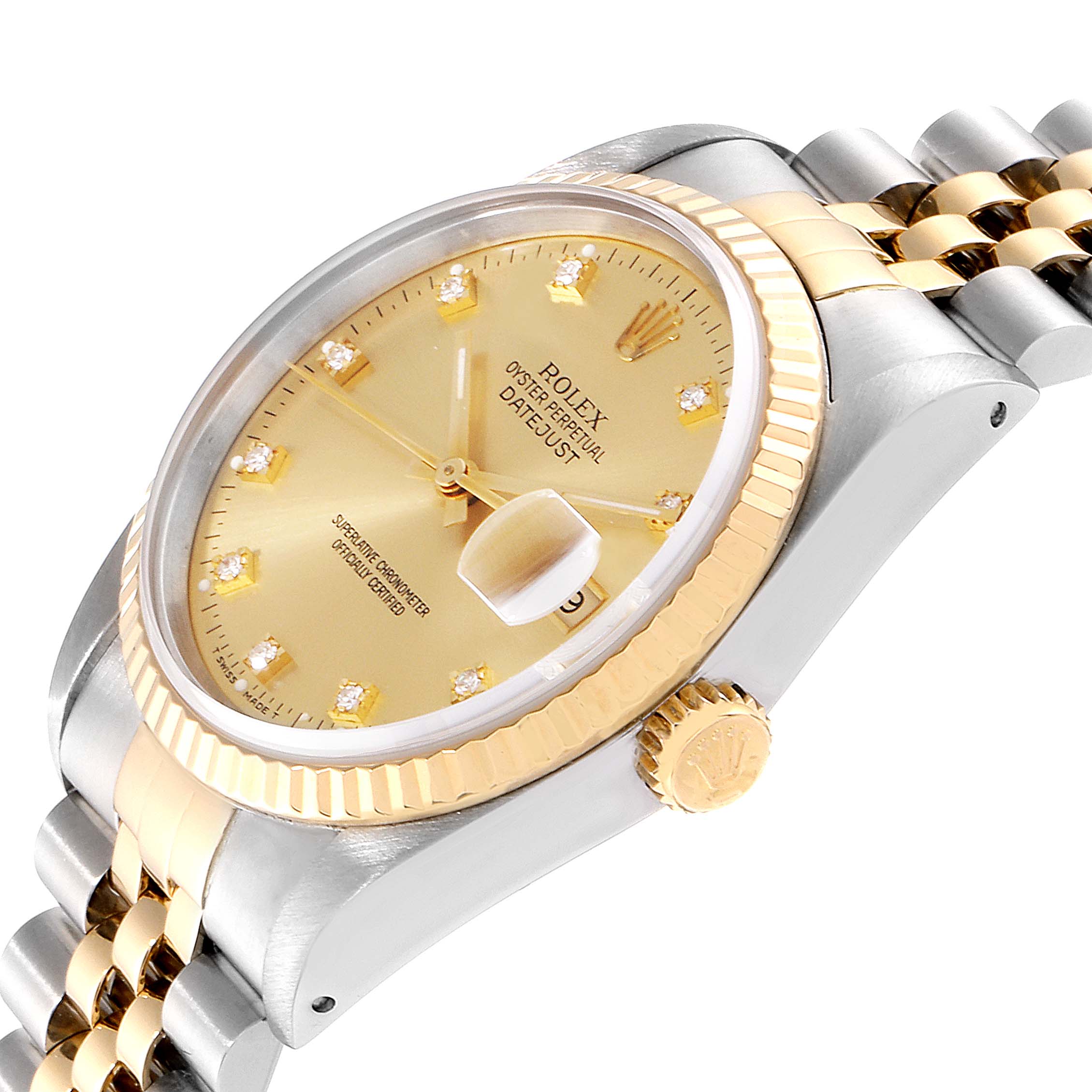 The image shows a close-up of a Rolex Datejust 16233 Men
s Steel and Gold (two tone) Champagne Dial 16233 Men
s Steel and Gold (two tone) Champagne Dial watch, highlighting its dial, bezel, crown, and part of its bracelet, viewed at an angle.